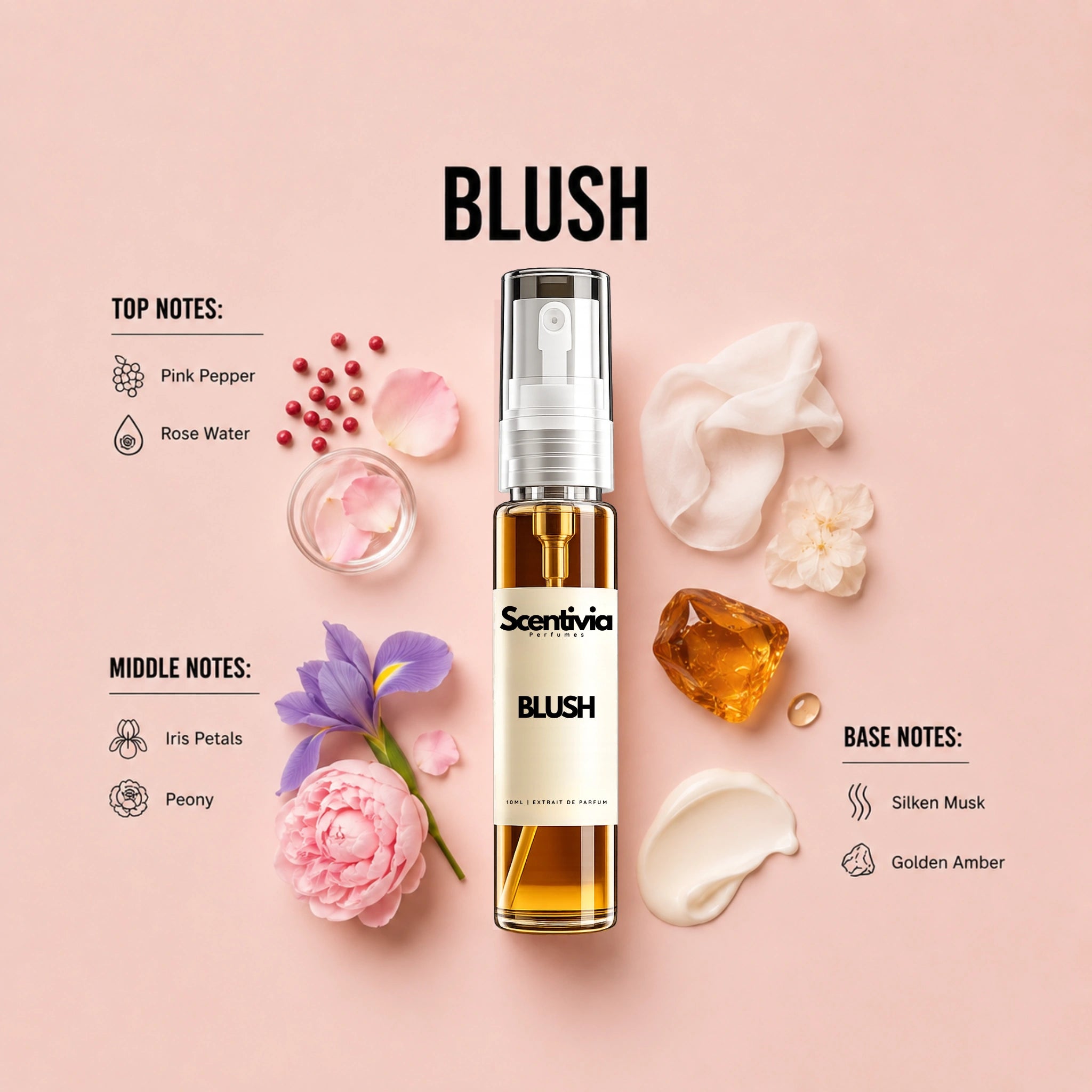 Blush 10ML perfume bottle by Scentivia Perfumes with pink pepper, rose water, iris petals, peony, silken musk and amber