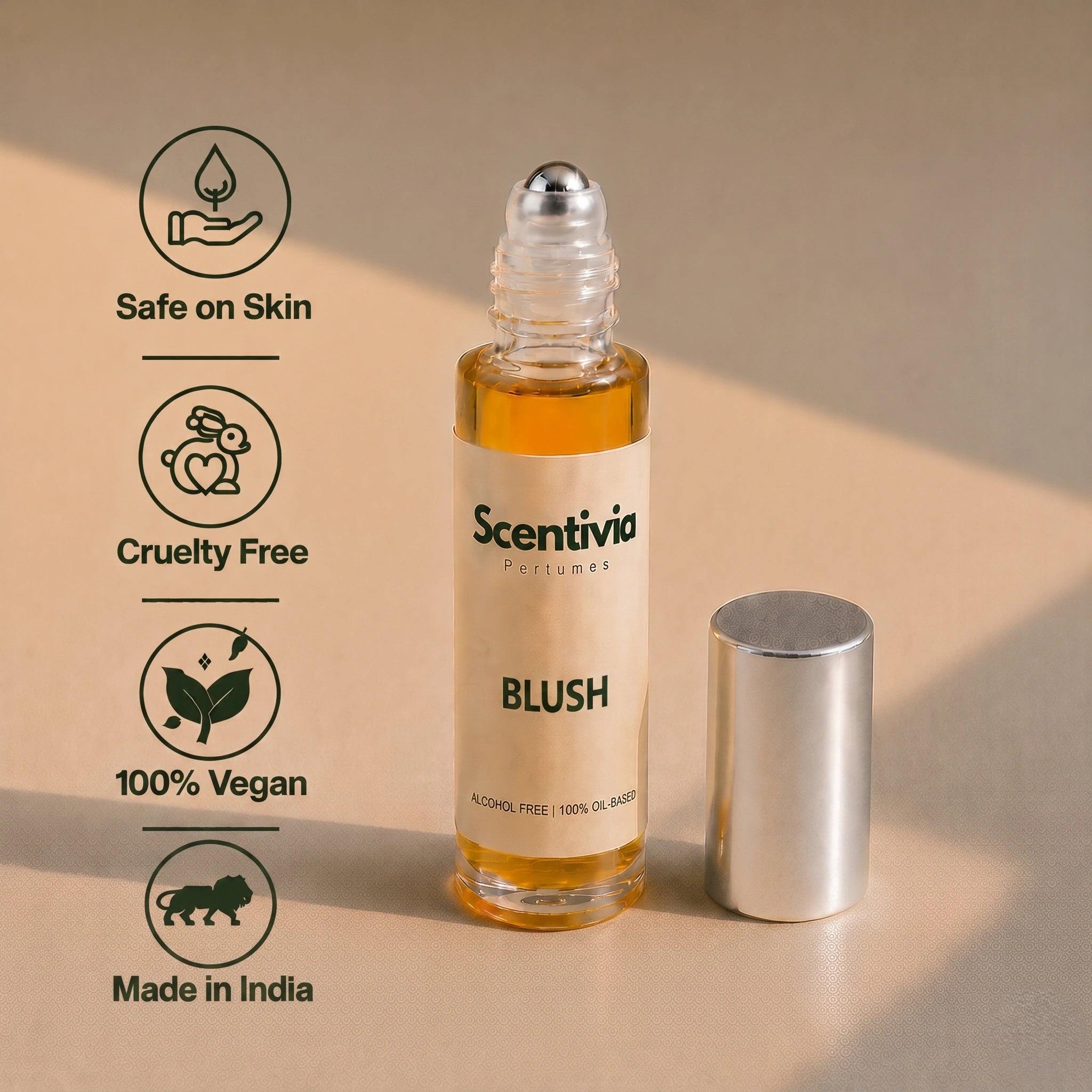 Blush Roll On bottle highlighting skin safe, cruelty free, vegan and Made in India alcohol free perfume benefits
