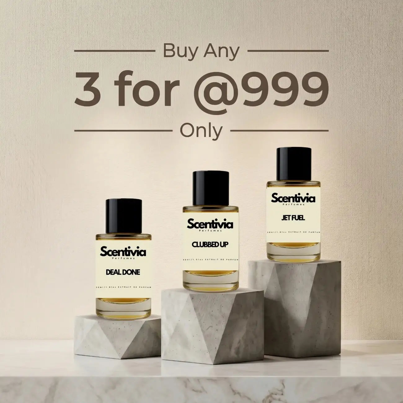 Scentivia Perfumes multi-buy offer banner displaying three luxury perfume bottles on pedestals next to large text reading "Buy Any 3 for @999 Only."