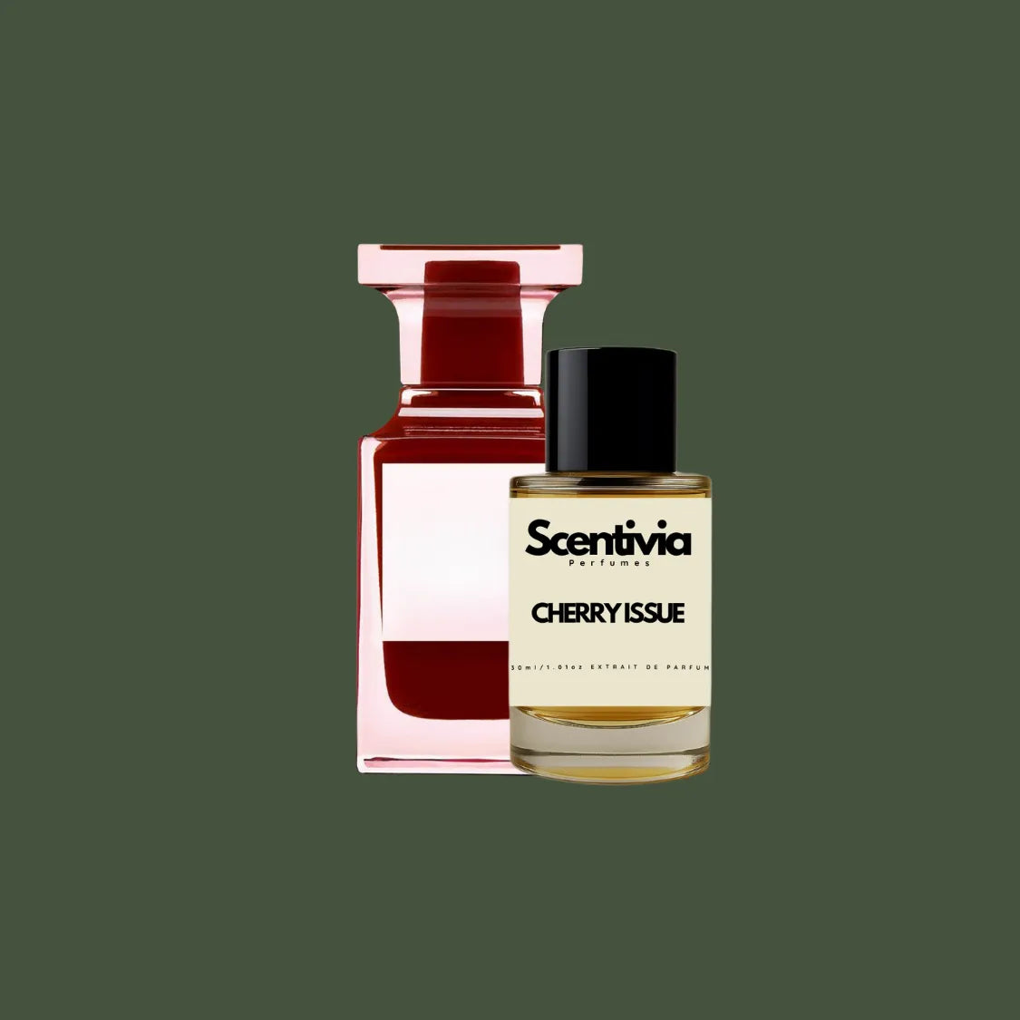 Scentivia Cherry Issue perfume bottle paired alongside a designer rectangular red bottle on a solid dark olive green background.