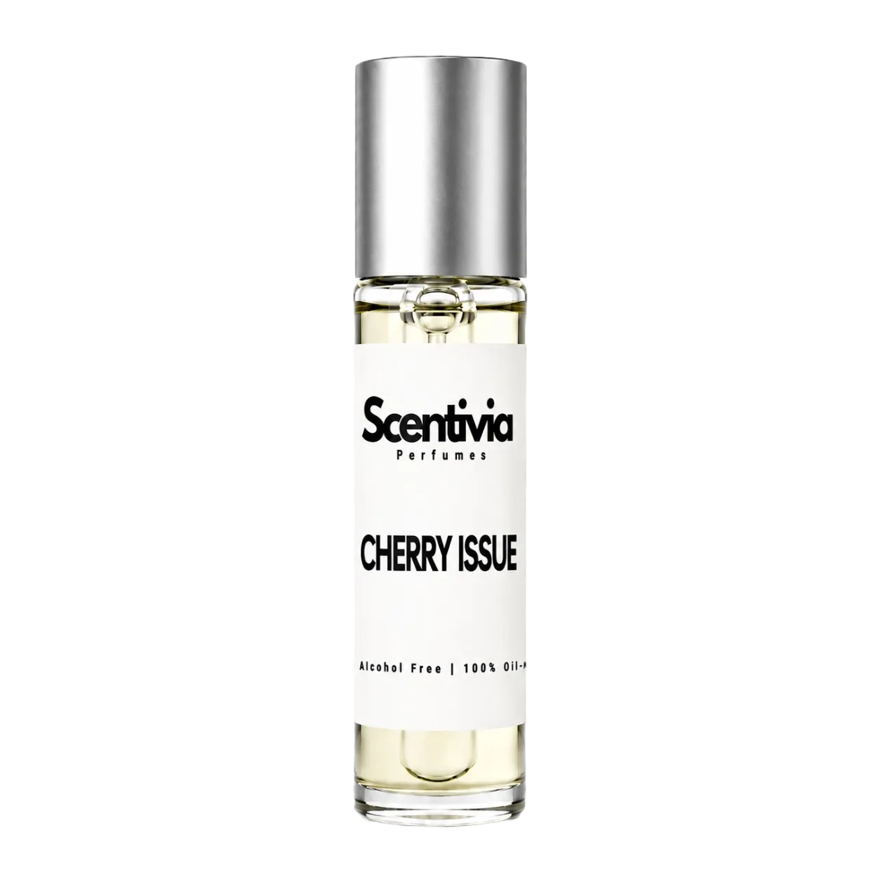 Roll-on perfume bottle with silver cap and CHERRY ISSUE label