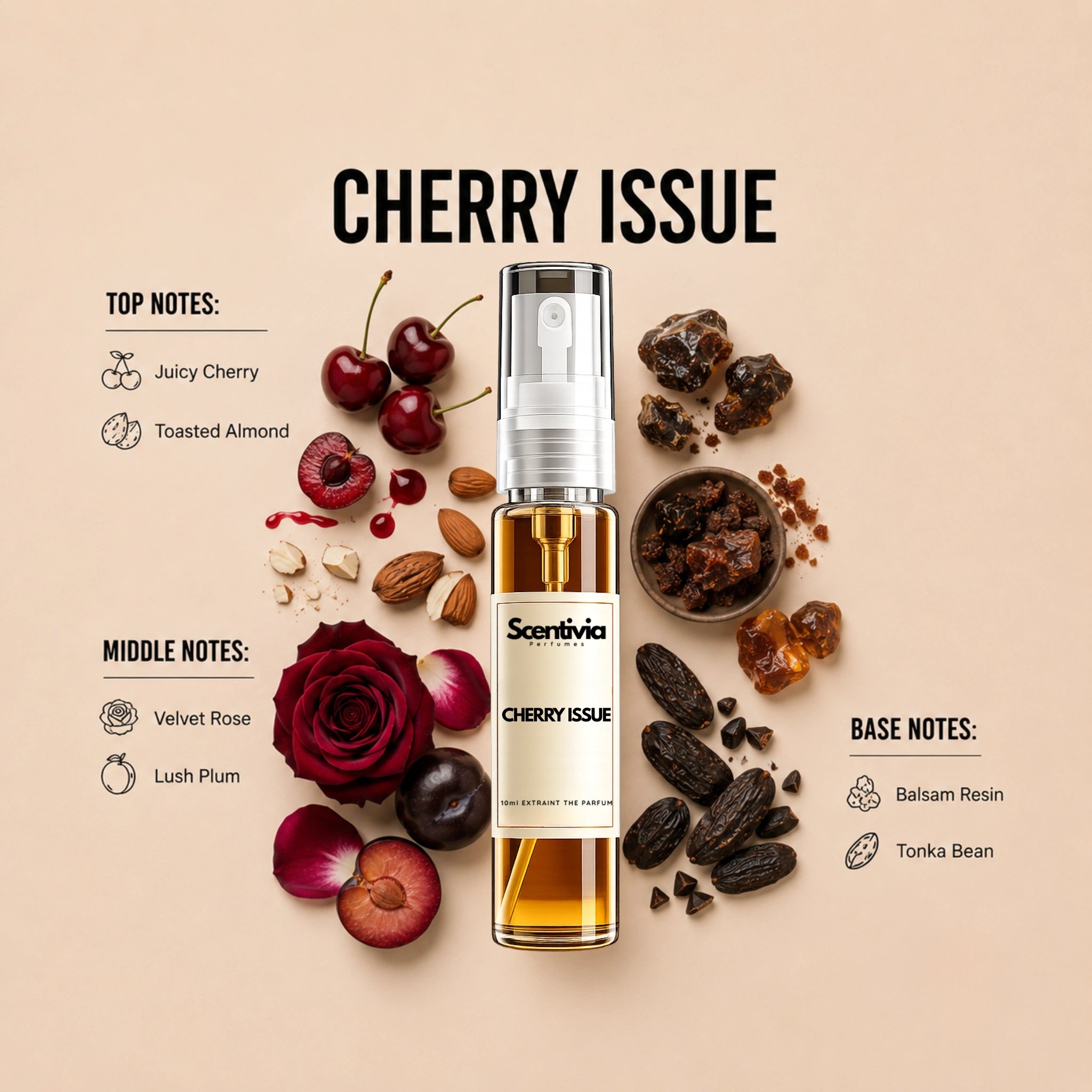Cherry Issue 10ML perfume bottle by Scentivia Perfumes with cherry, almond, rose, plum, balsam resin and tonka bean.