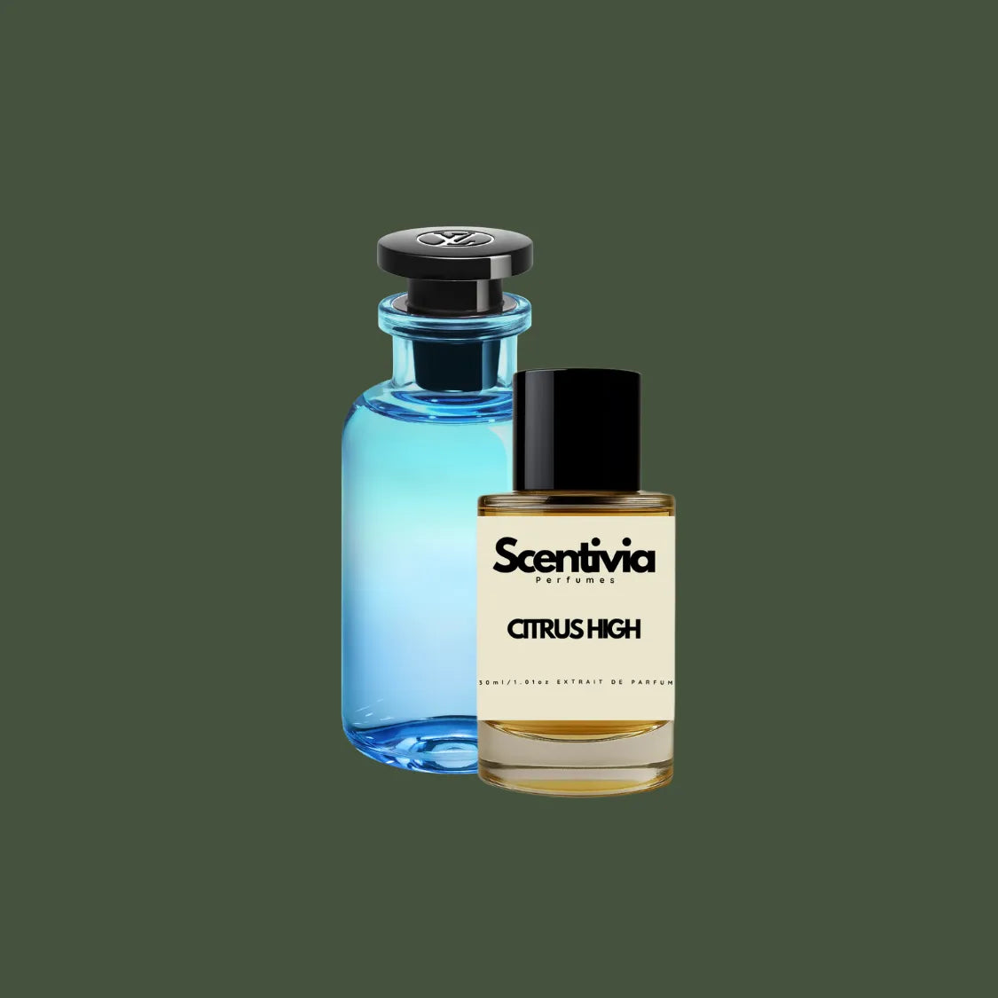 Scentivia Citrus High perfume bottle paired alongside a luxury vibrant blue apothecary-style glass bottle with a black cap on a solid dark olive green background.