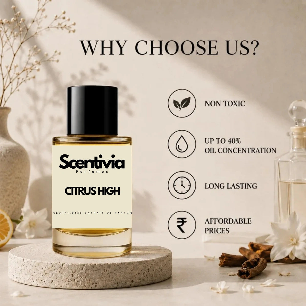 Scentivia Citrus High perfume advertisement with "Why Choose Us?" text, listing benefits like non-toxic and long lasting next to the bottle.