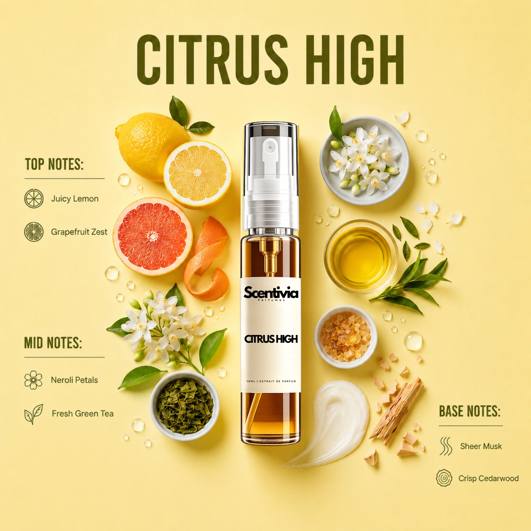 Citrus High 10ML perfume bottle by Scentivia Perfumes with lemon, grapefruit, neroli, green tea, musk and cedarwood