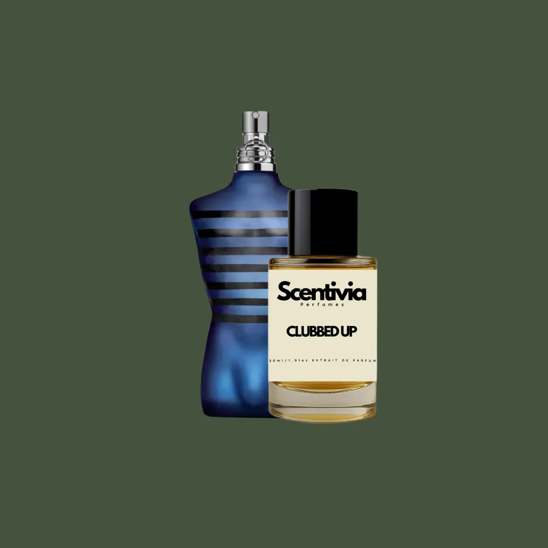 Scentivia Clubbed Up perfume bottle paired alongside a luxury blue male torso-shaped bottle with black horizontal stripes and a silver spray nozzle on a solid dark olive green background.