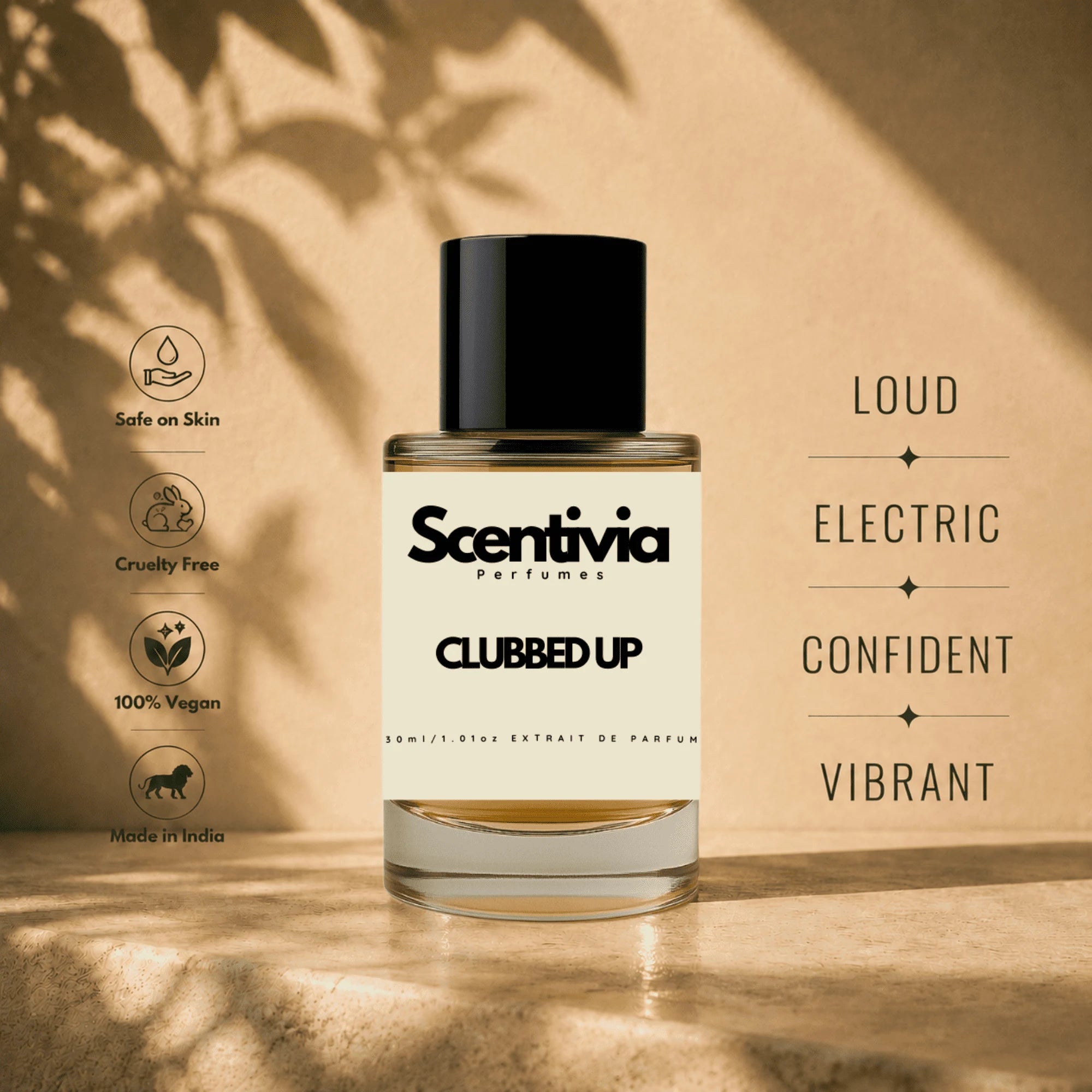 Scentivia Clubbed Up perfume bottle displayed on a stone ledge, featuring descriptive labels like Loud, Electric, Confident, and Vibrant.