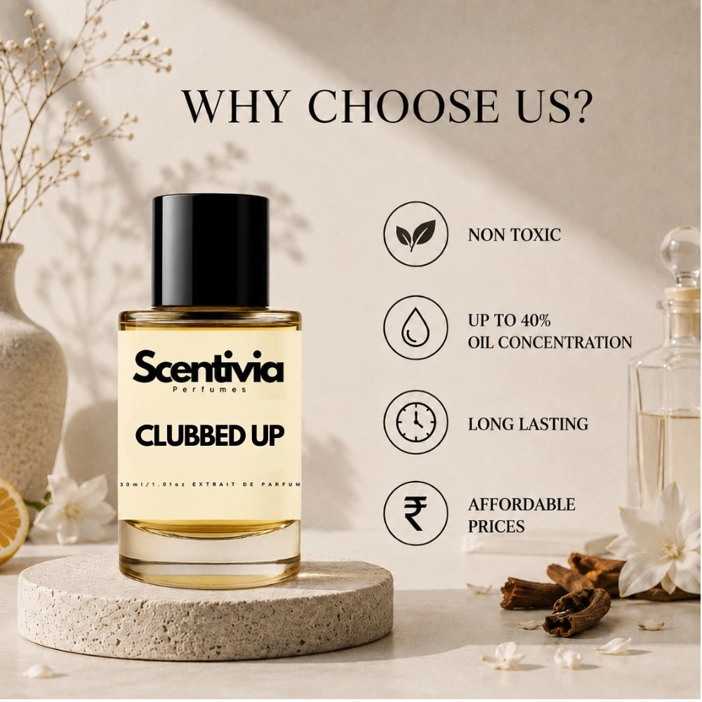 Scentivia Clubbed Up perfume advertisement with "Why Choose Us?" text, listing benefits like non-toxic and long lasting next to the bottle.