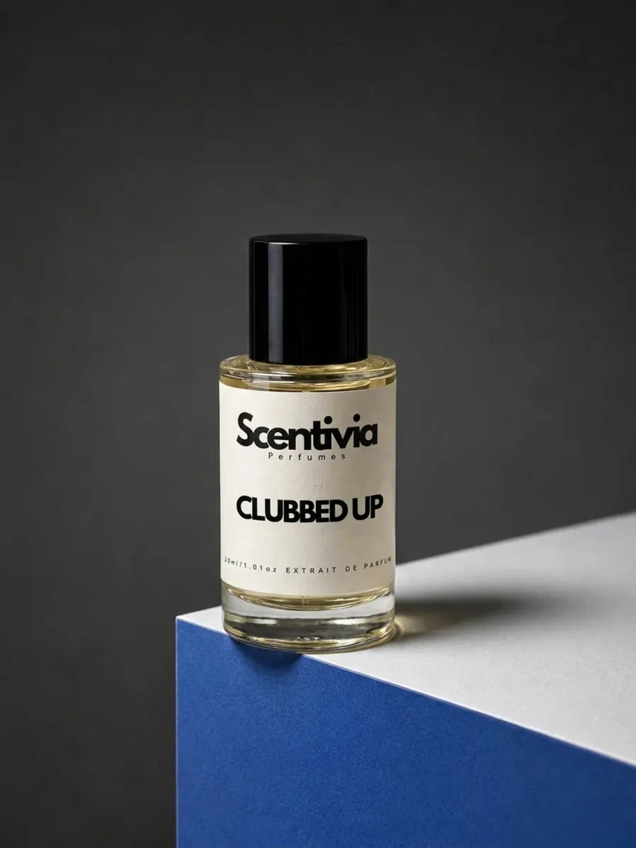 Perfume bottle with black cap, Scentivia CLUBBEDUP label, glass vial