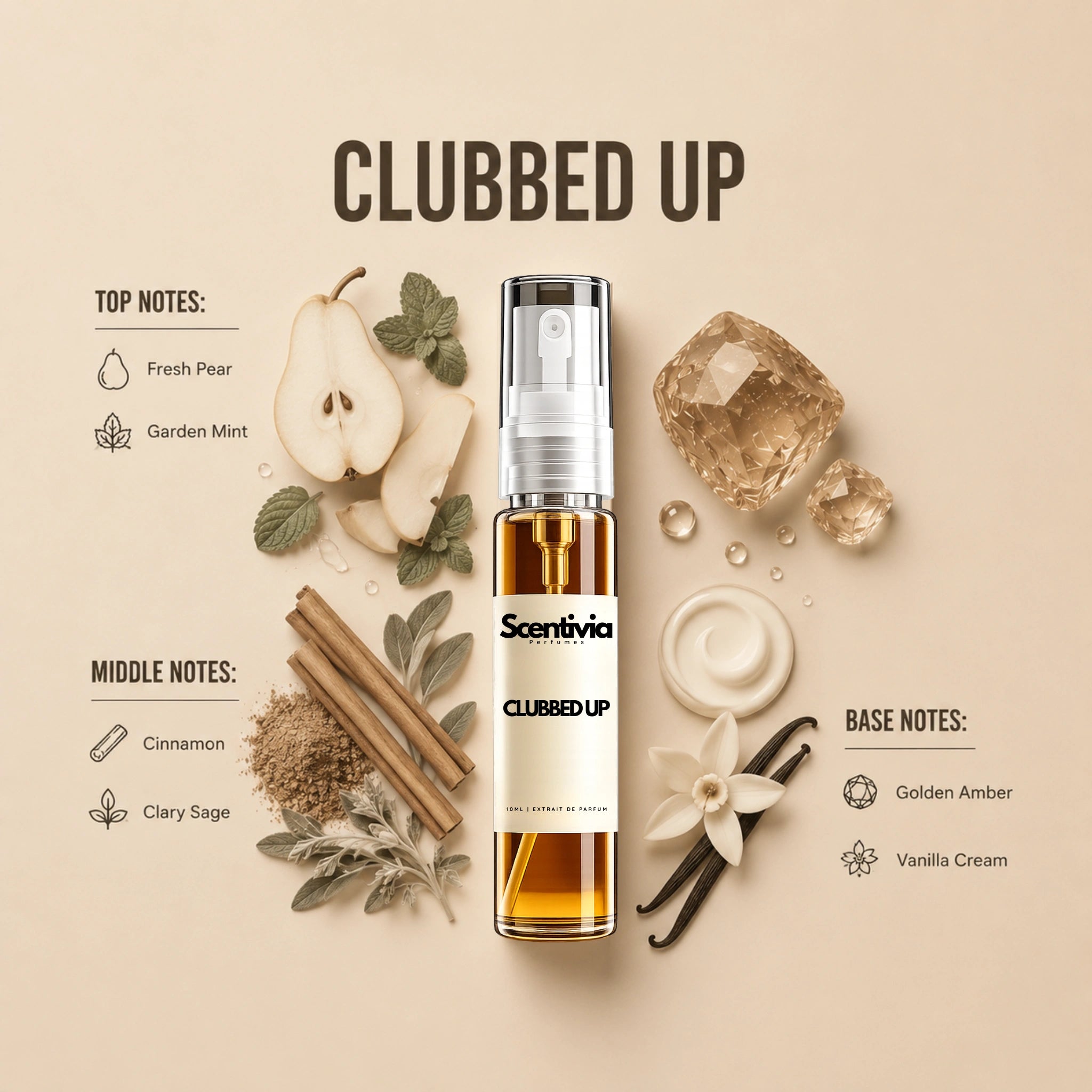 Clubbed Up 10ML perfume bottle by Scentivia Perfumes with fresh pear, garden mint, cinnamon, clary sage, amber and vanilla cream