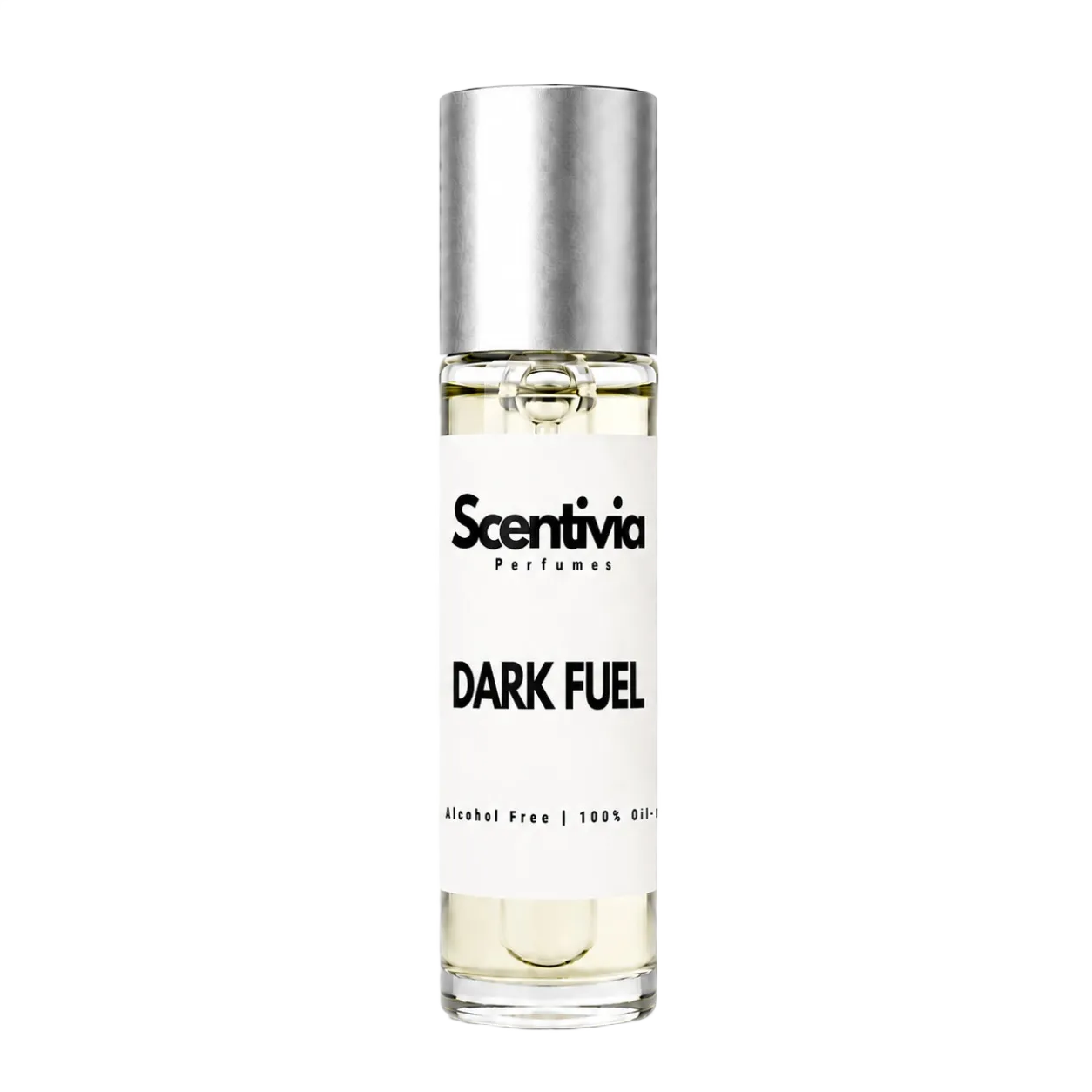 10 mL roller perfume bottle, clear glass with DARK FUEL label and metal cap