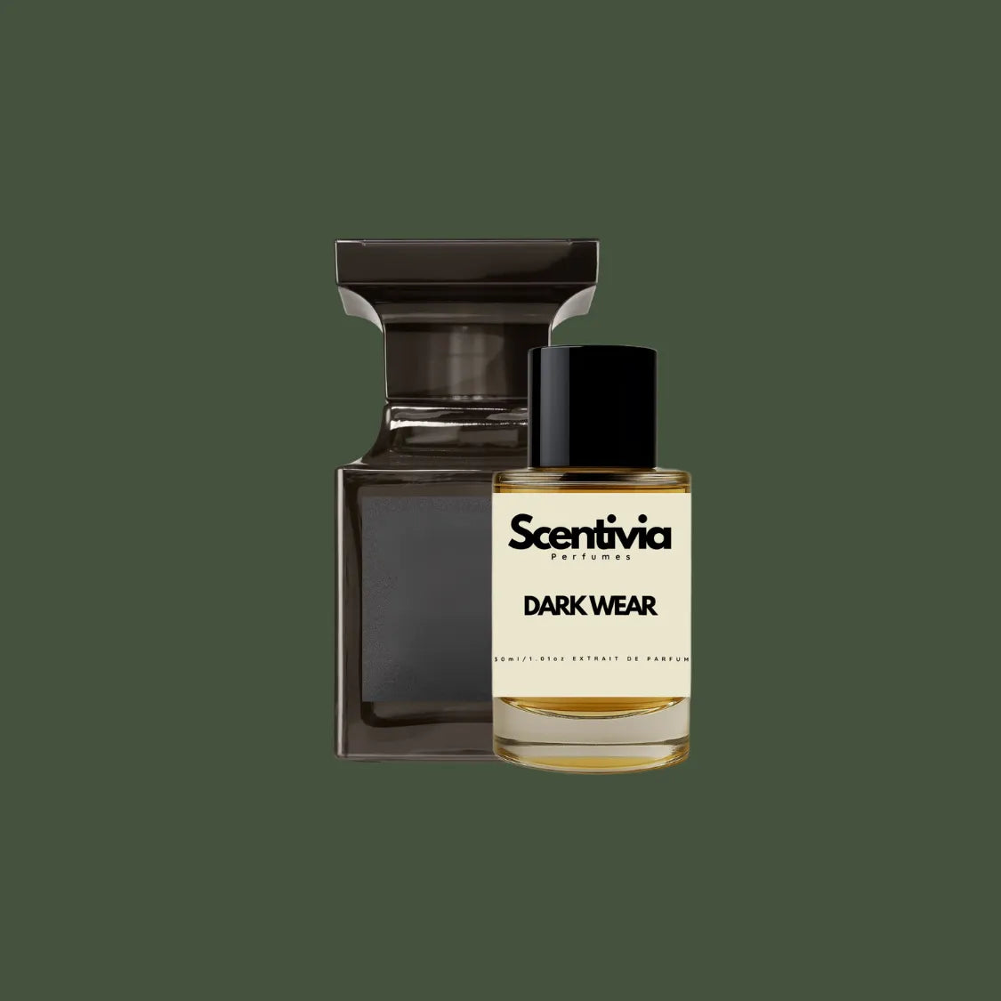 Scentivia Dark Wear perfume bottle paired alongside a luxury architectural dark brown or black glass bottle with a wide, flat-top cap on a solid dark olive green background.    