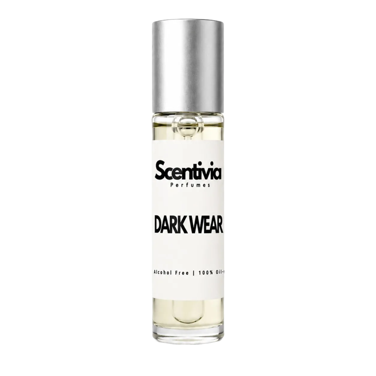 Dark Wear 10 mL roll-on fragrance bottle with silver cap and clear roller