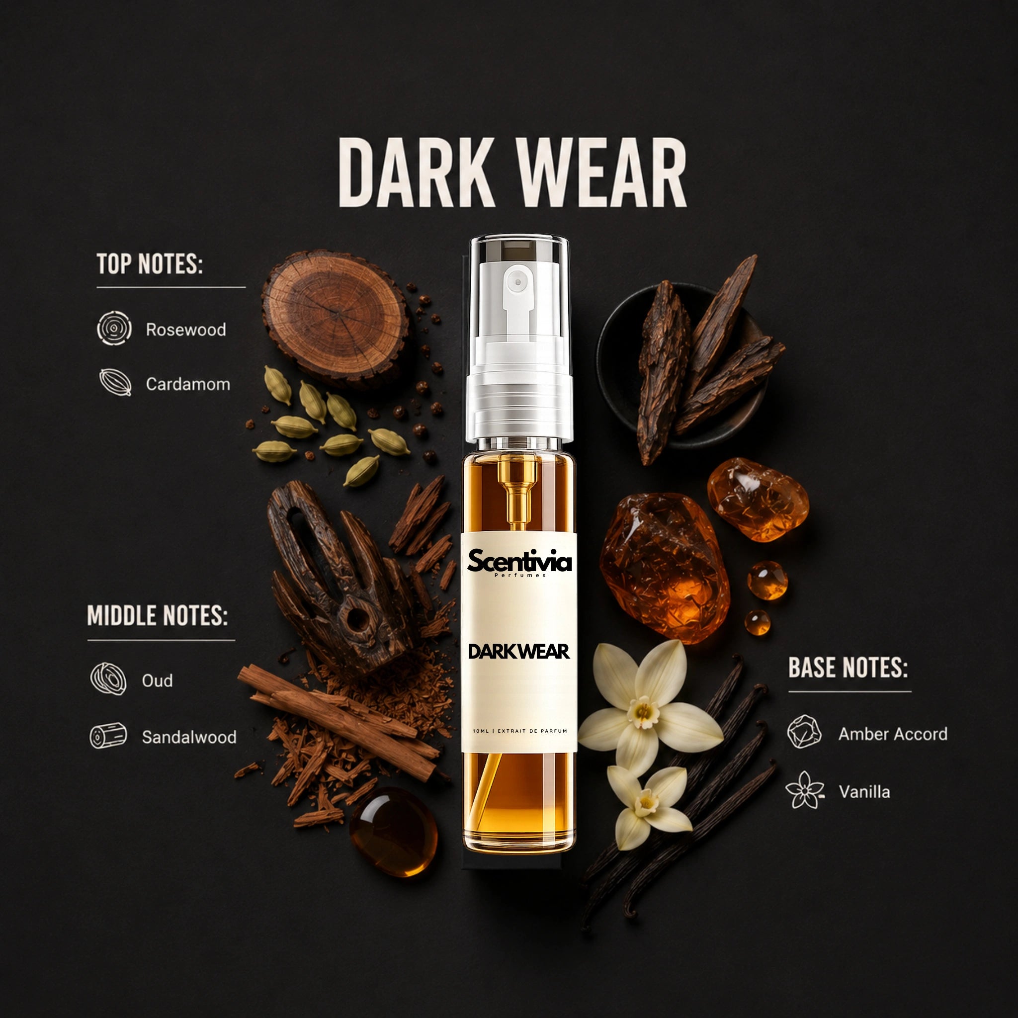 Dark Wear 10ML perfume bottle by Scentivia Perfumes with rosewood, cardamom, oud, sandalwood, amber accord and vanilla