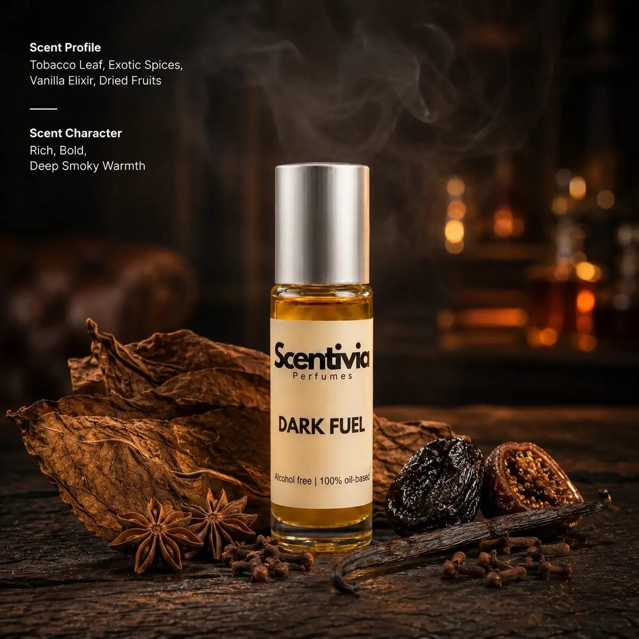 Dark Fuel roll on bottle with tobacco leaves, vanilla pod, dried figs, star anise and cloves in smoky warm setting