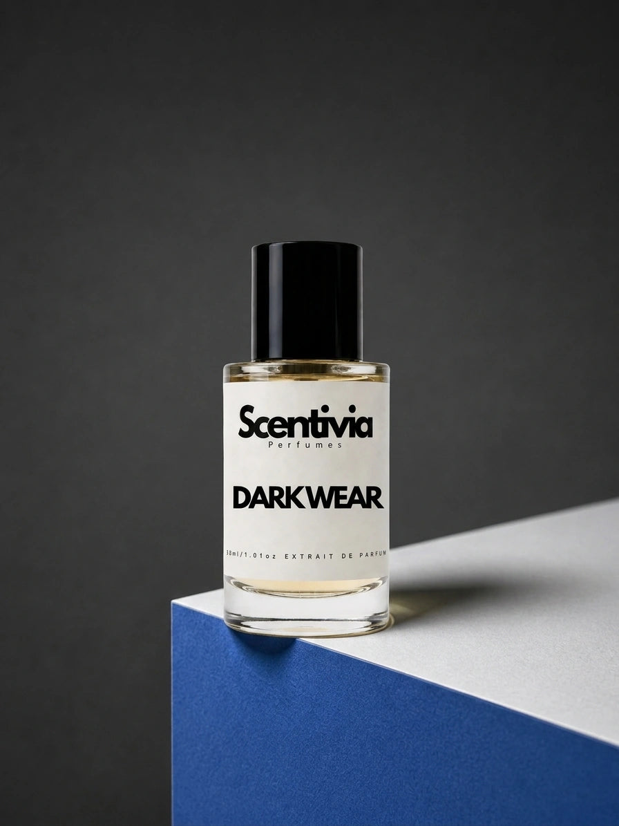 Perfume bottle with black cap and Scentvia Darkwear label