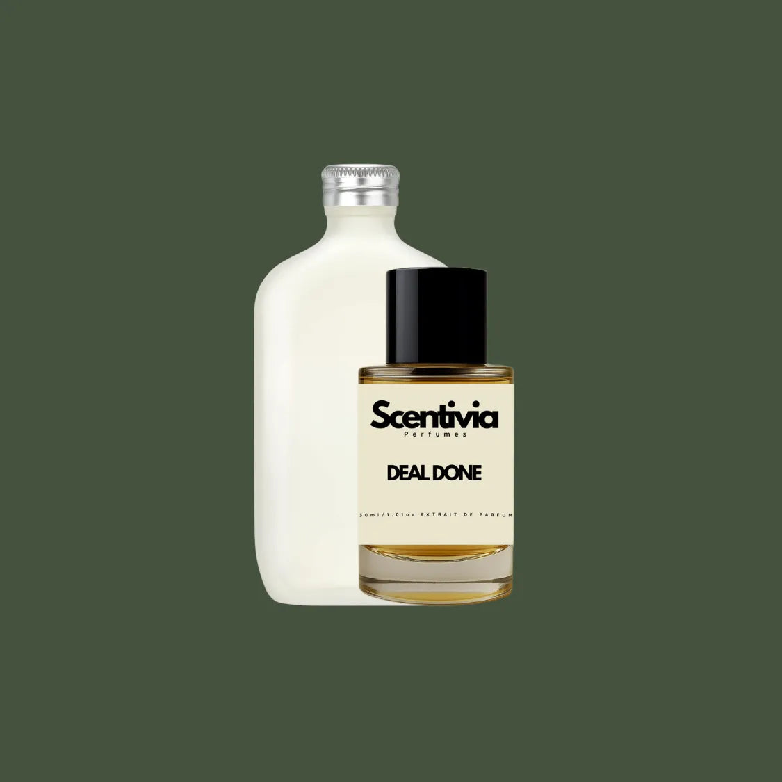 Scentivia Deal Done perfume bottle paired alongside a luxury opaque white flask-shaped bottle with a metallic screw cap on a solid dark olive green background.