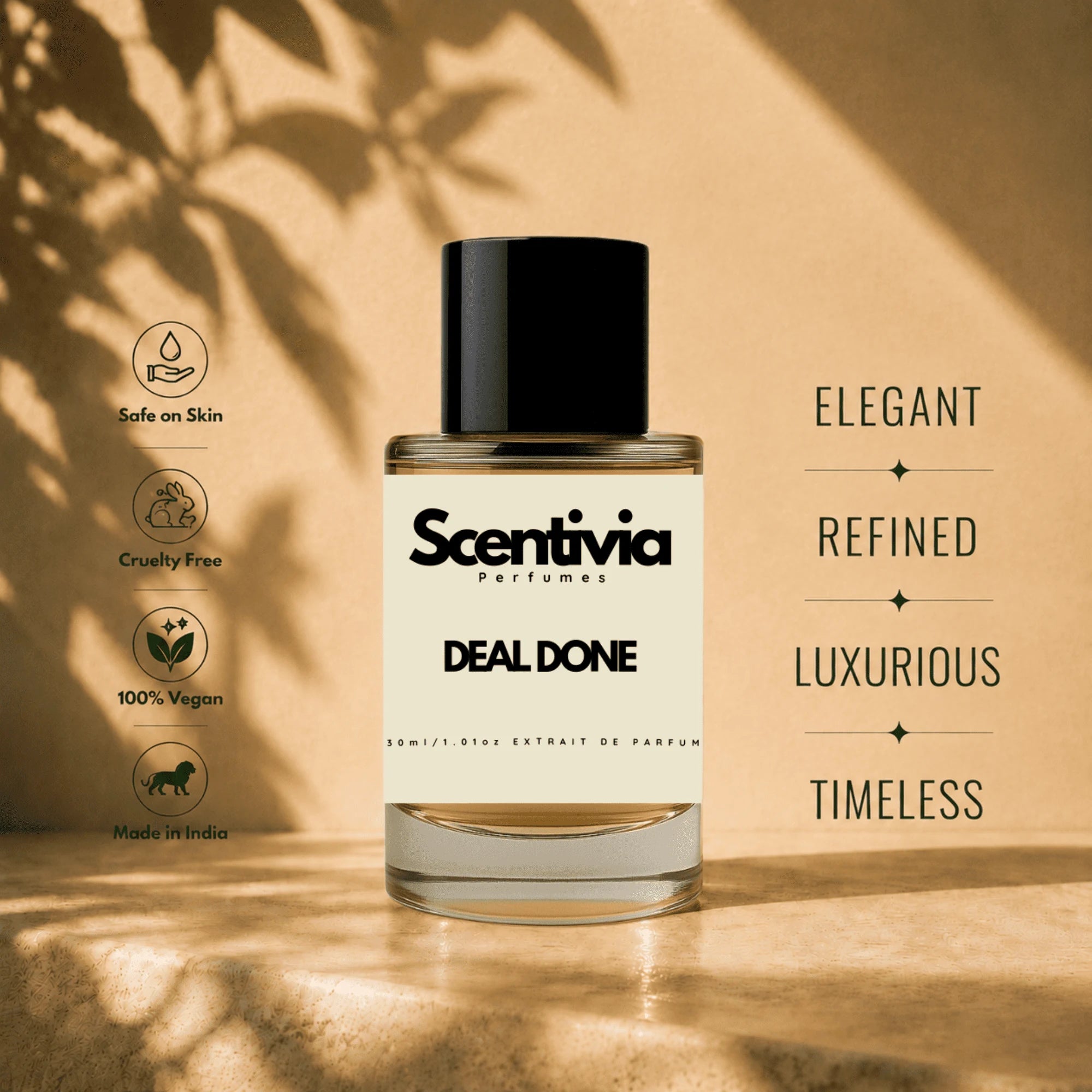 Scentivia Deal Done perfume bottle displayed on a stone ledge, featuring descriptive labels like Elegant, Refined, Luxurious, and Timeless.