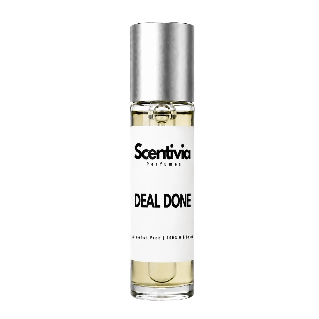 Roll-on perfume bottle with silver cap and glass body, labeled Scentvia Deal Done