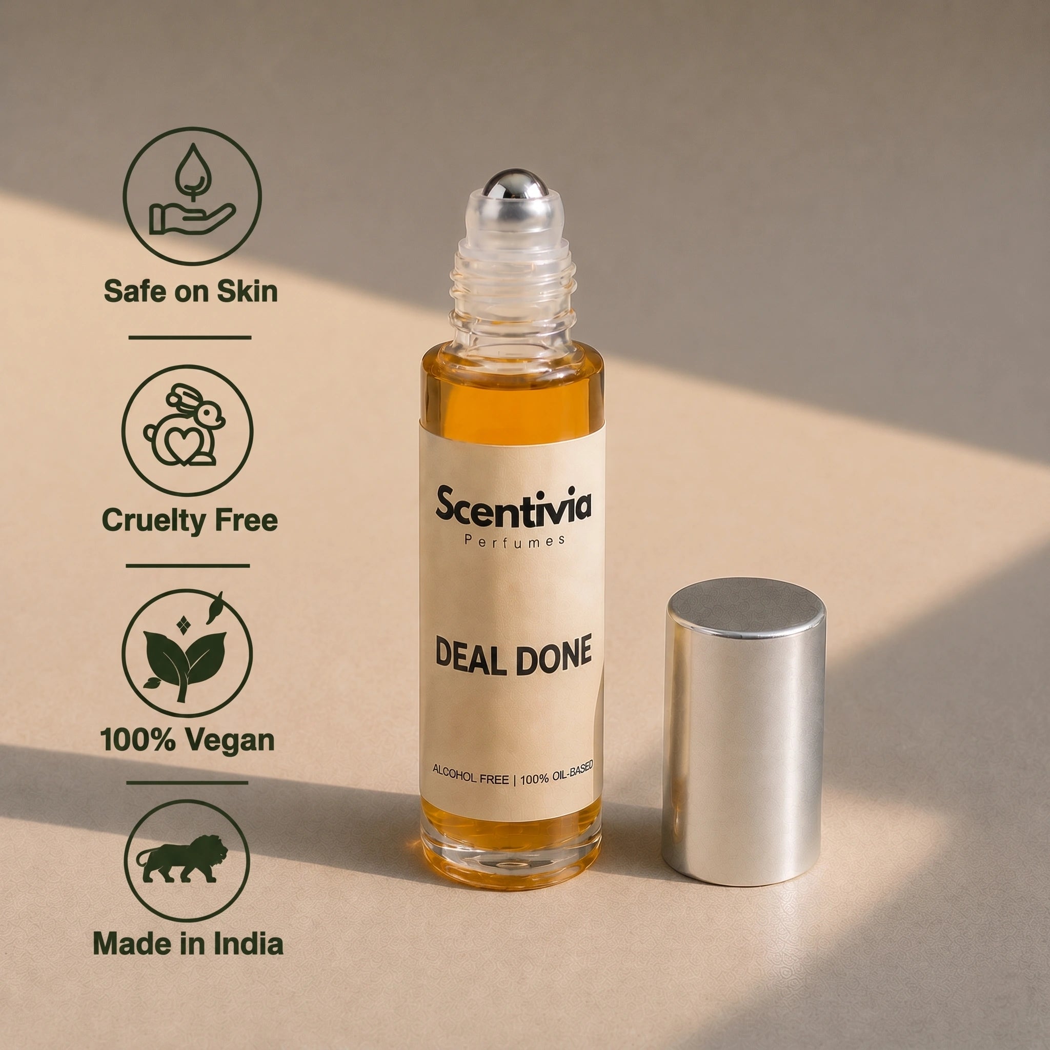 Deal Done Roll On bottle highlighting skin safe, cruelty free, vegan and Made in India alcohol free perfume benefits
