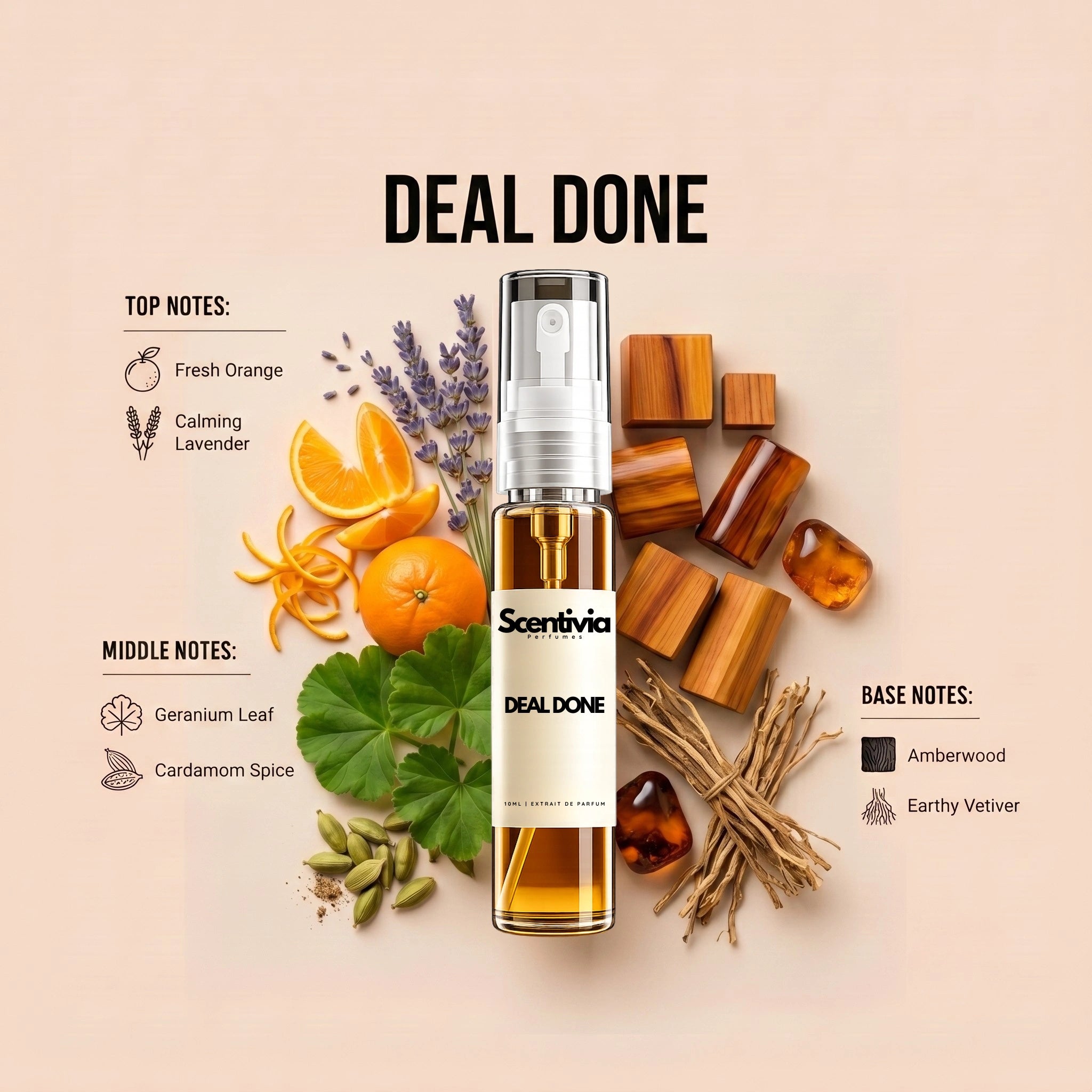 Deal Done 10ML perfume bottle by Scentivia Perfumes with fresh orange, lavender, geranium leaf, cardamom, amberwood and vetiver