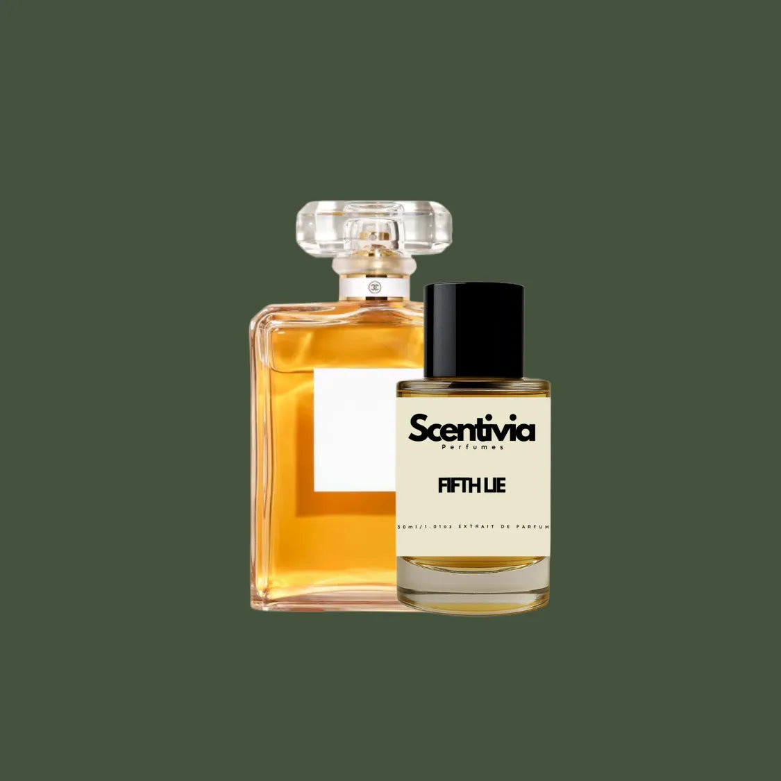 Scentivia Fifth Lie perfume bottle paired alongside a luxury classic square glass bottle filled with amber-colored liquid, featuring a multi-faceted clear crystal cap, on a solid dark olive green background.