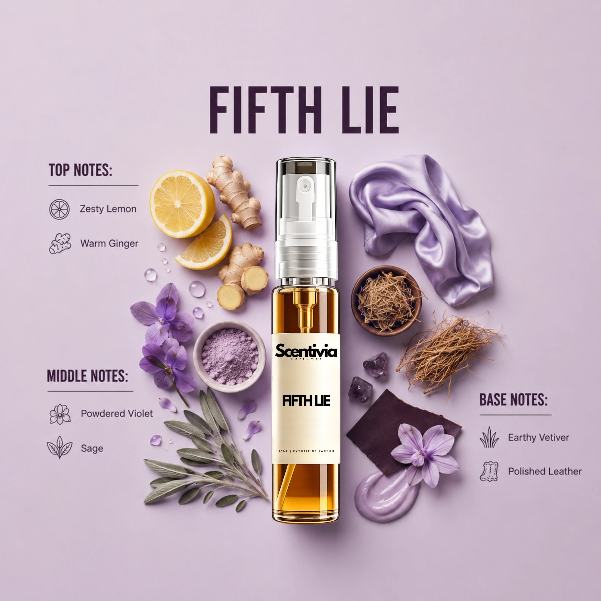 Fifth Lie 10ML perfume bottle by Scentivia Perfumes with zesty lemon, warm ginger, violet, sage, earthy vetiver and leather
