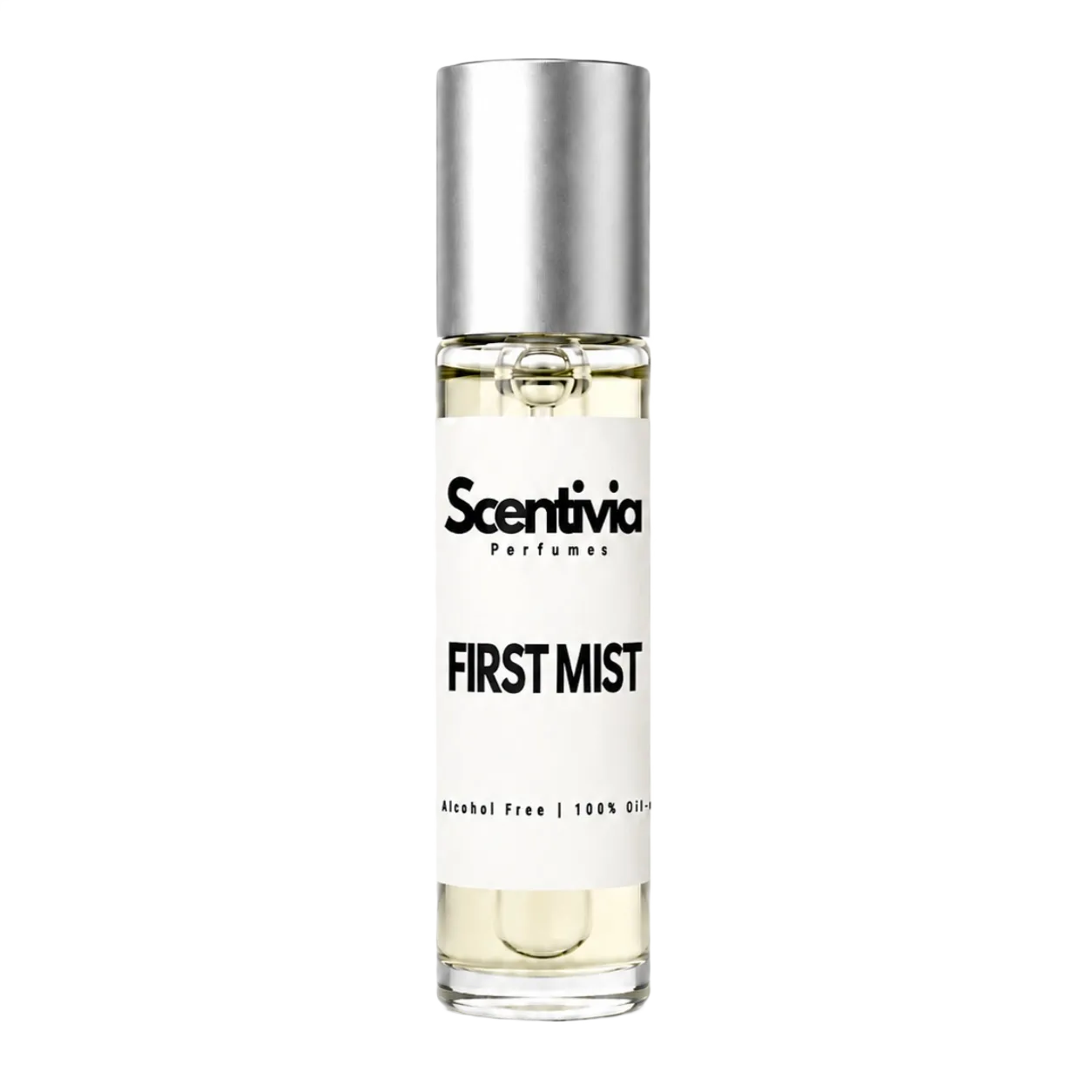 Roll-on perfume bottle with silver cap and clear liquid, Scentivia label