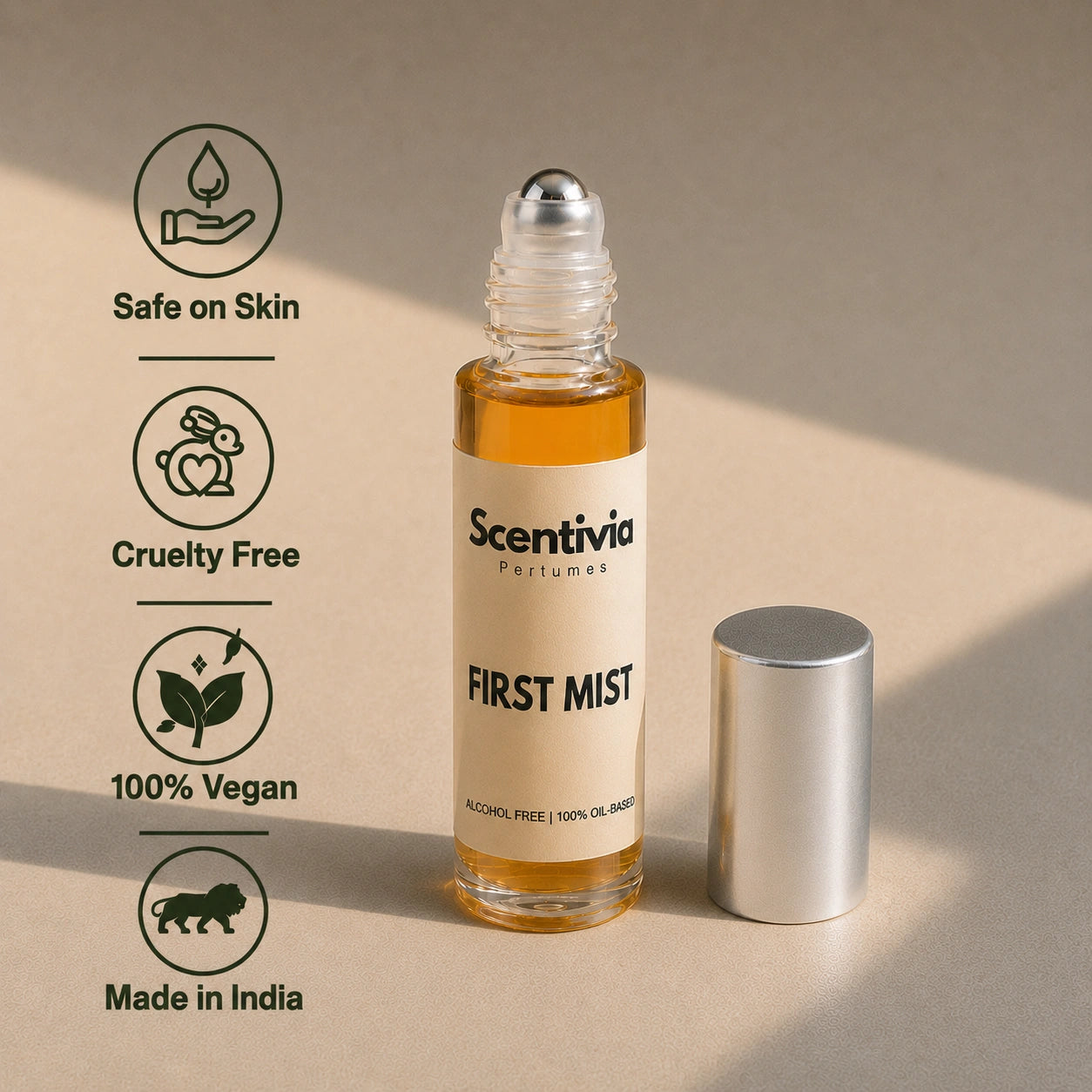 First Mist Roll On bottle highlighting skin safe, cruelty free, vegan and Made in India alcohol free perfume benefits