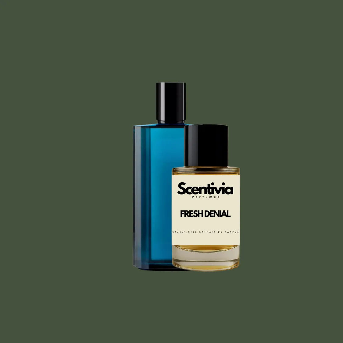 Scentivia Fresh Denial perfume bottle paired alongside a luxury tall blue bottle on a solid dark olive green background.