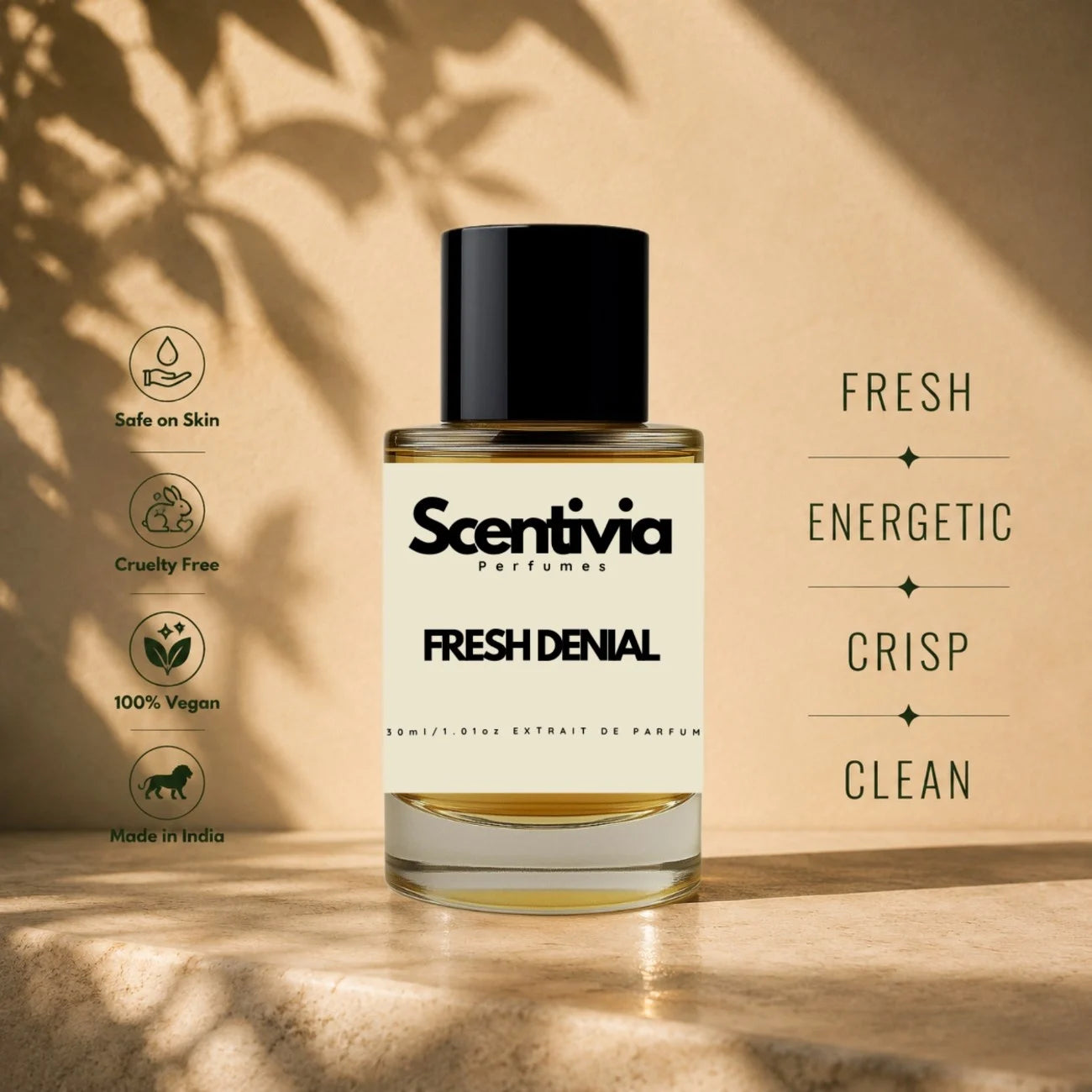 Scentivia Fresh Denial perfume bottle displayed on a stone ledge, featuring descriptive labels like Fresh, Energetic, Crisp, and Clean.