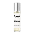 Roll-on perfume bottle, Fresh Denial, clear glass with silver cap and gold roller base.