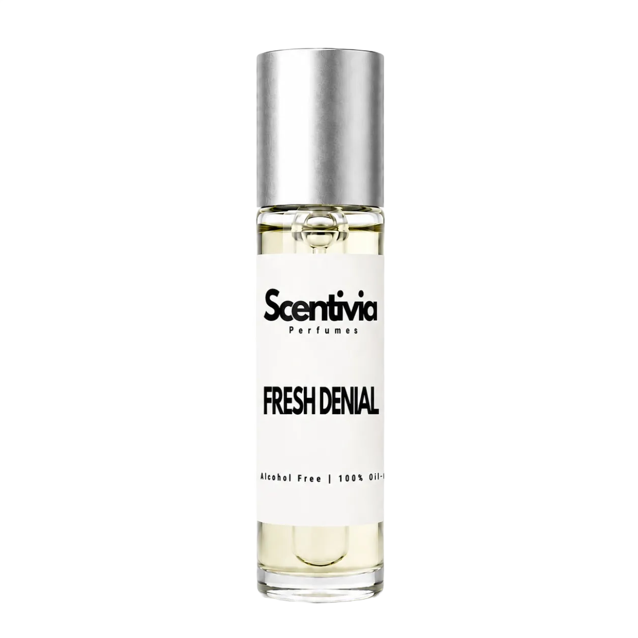 Roll-on perfume bottle, Fresh Denial, clear glass with silver cap and gold roller base.