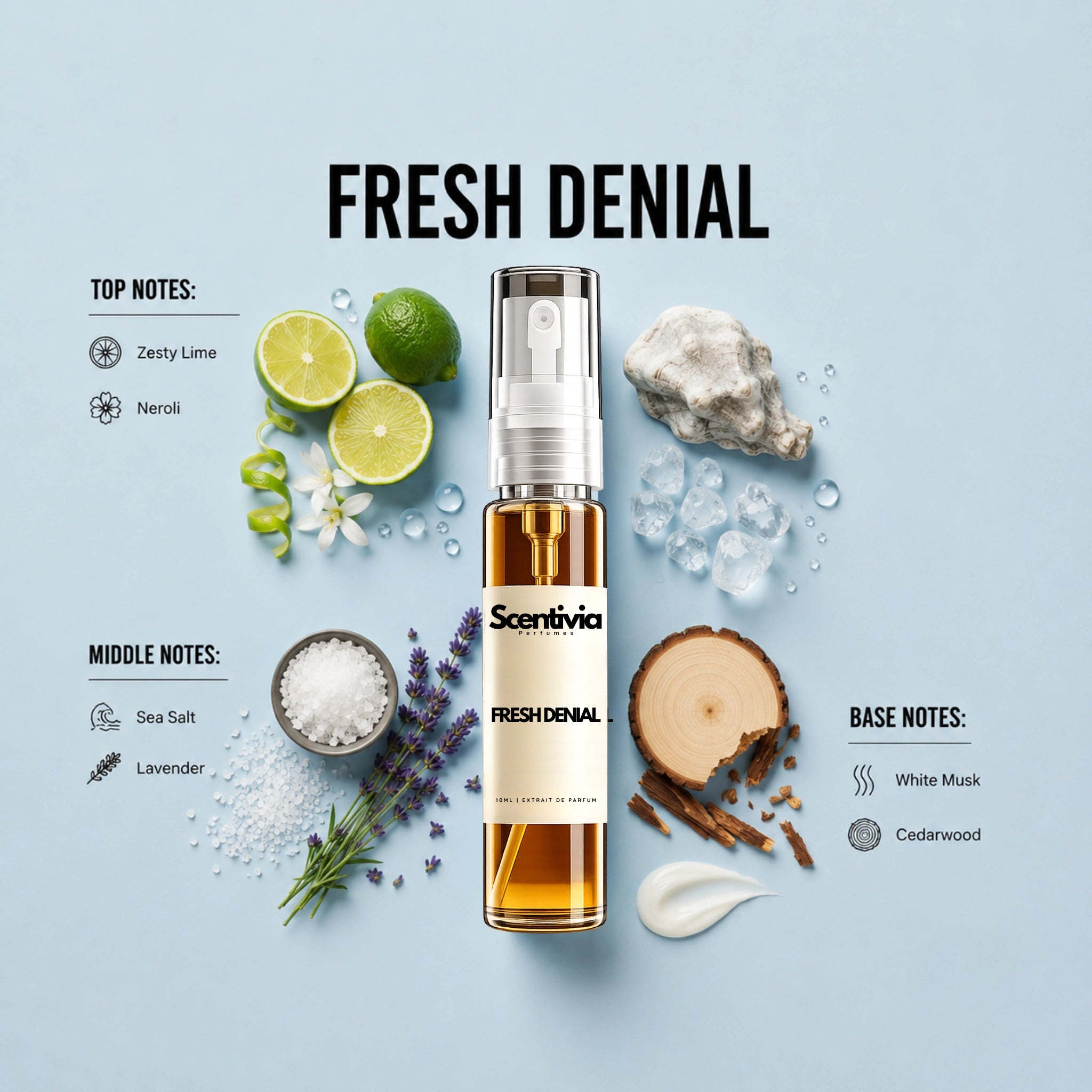 Fresh Denial 10ML perfume bottle by Scentivia Perfumes with zesty lime, neroli, sea salt, lavender, white musk and cedarwood