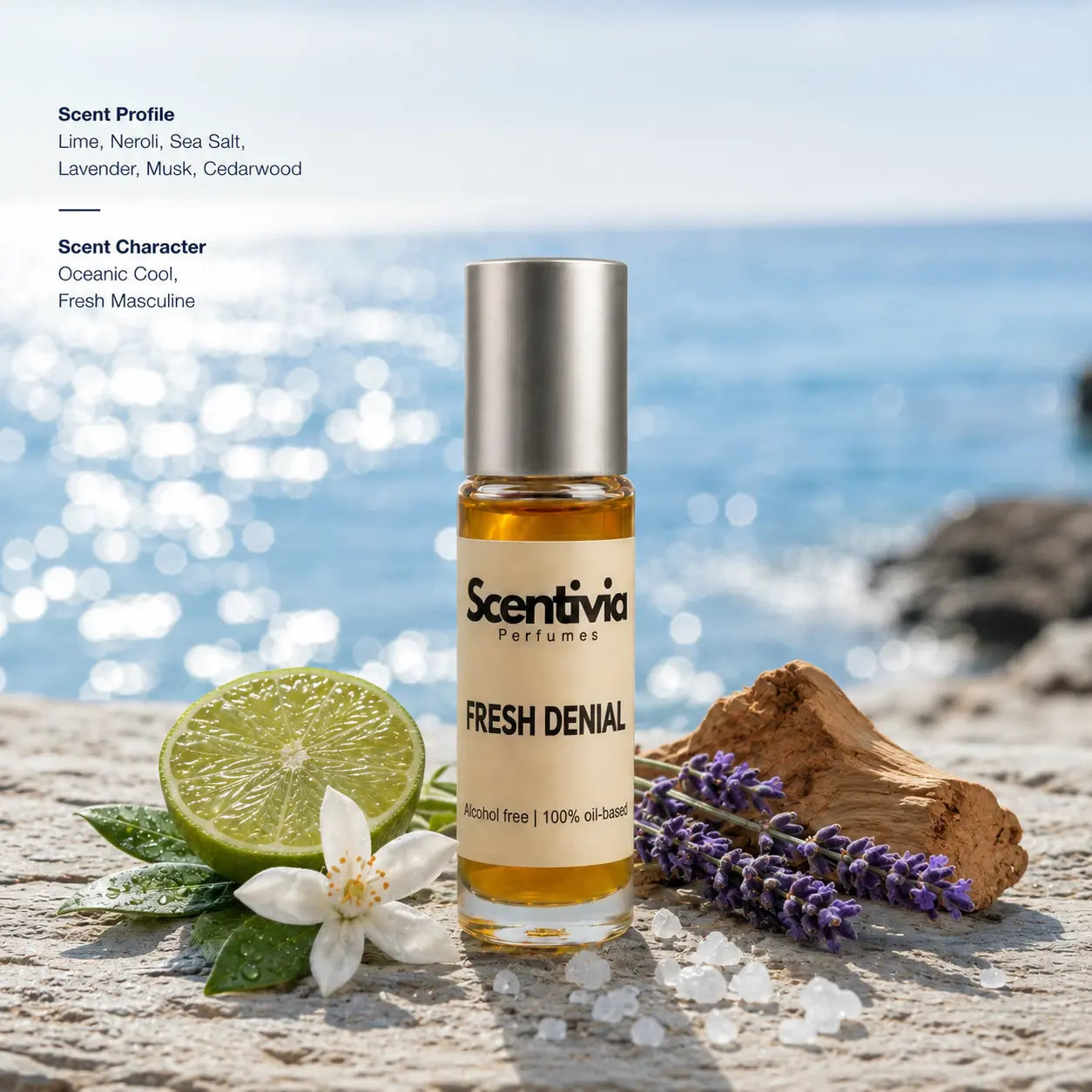 Fresh Denial roll on bottle with Lime, Neroli, Lavender, Sea Salt and Cedarwood by the ocean. Character: Fresh, Oceanic