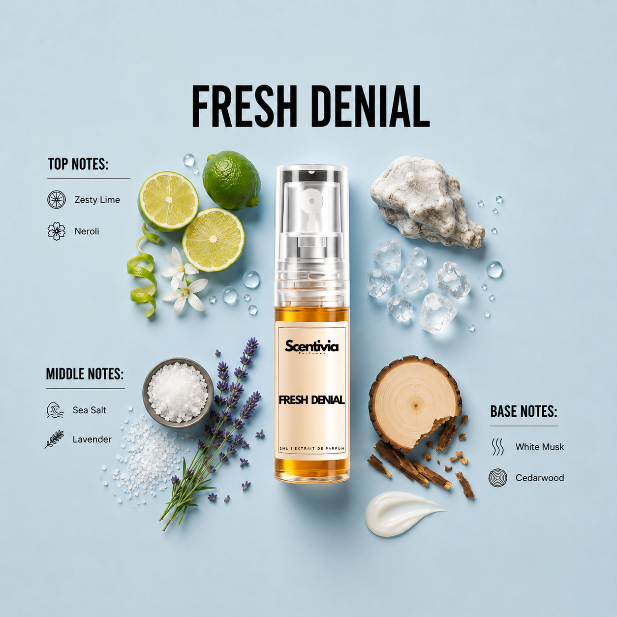 Fresh Denial 2ML perfume bottle by Scentivia Perfumes with zesty lime, neroli, sea salt, lavender, white musk and cedarwood