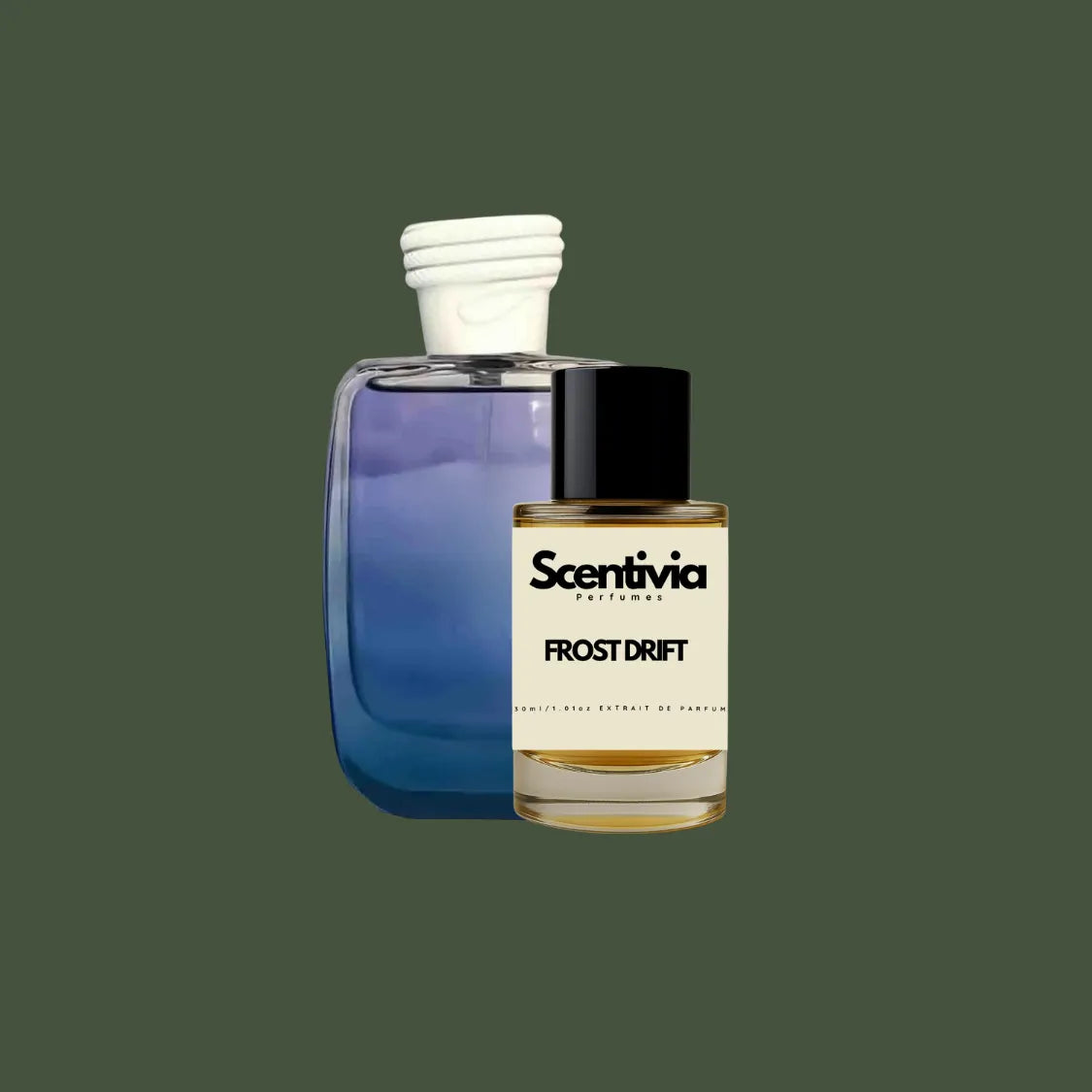 Scentivia Frost Drift perfume bottle paired alongside a luxury blue gradient bottle with a textured white cap on a solid dark olive green background.