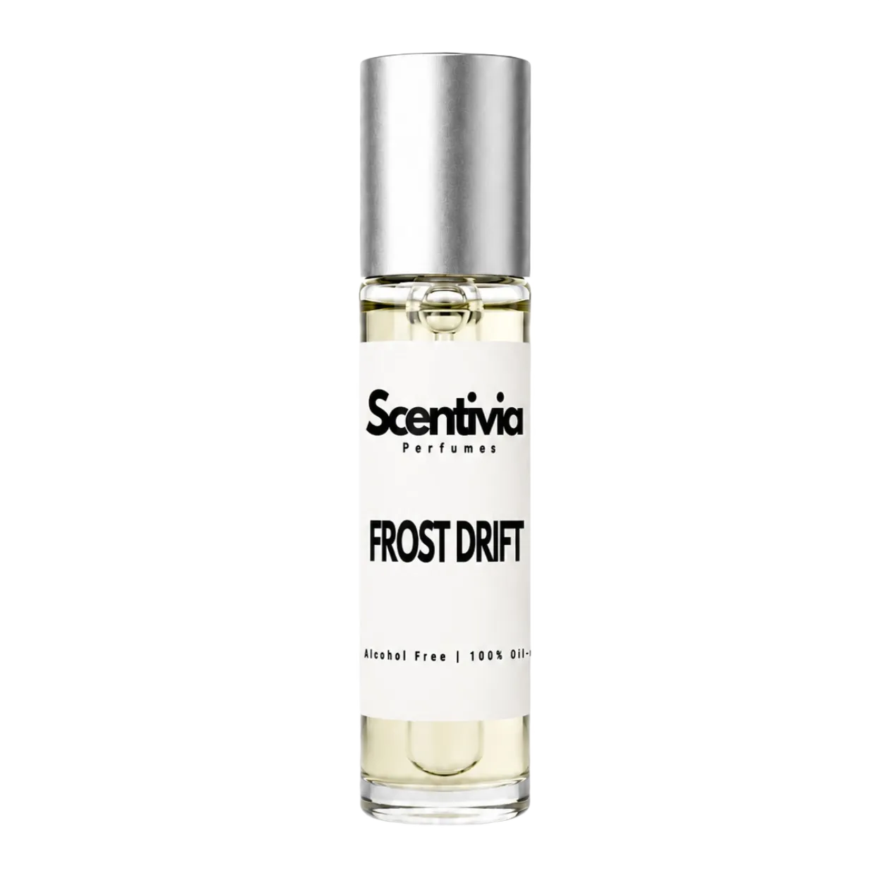 Roll-on perfume bottle with silver cap, Scentivia Frost Drift label on glass