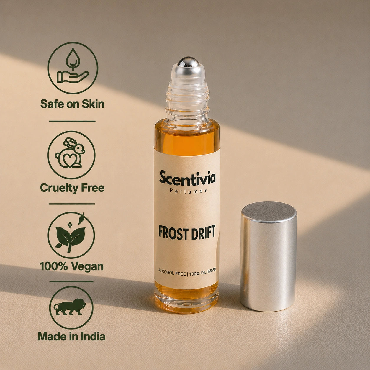 Frost Drift Roll On bottle highlighting skin safe, cruelty free, vegan and Made in India alcohol free perfume benefits