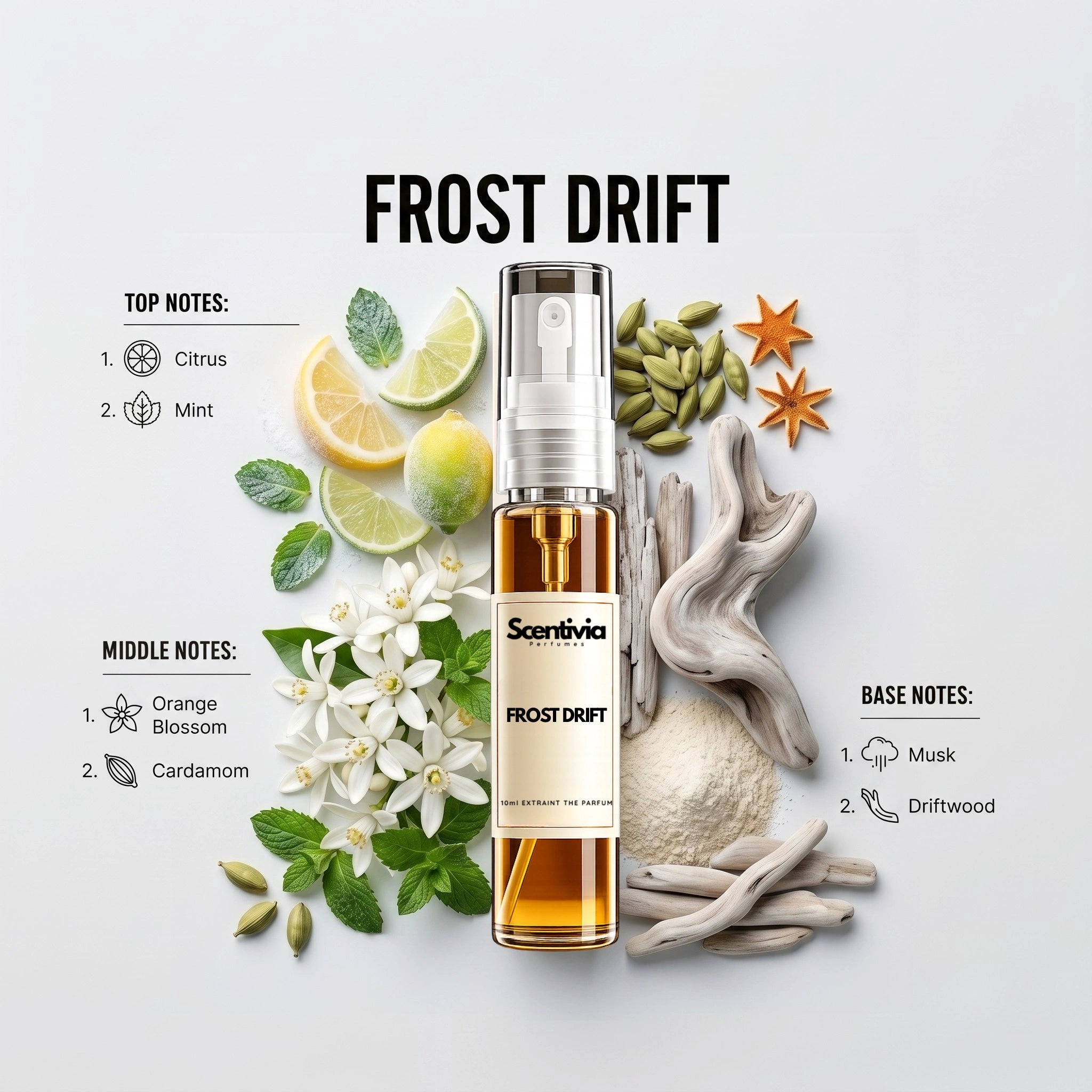 Frost Drift 10ML perfume bottle by Scentivia Perfumes with Citrus, Mint, Orange Blossom, Cardamom, Musk and Driftwood