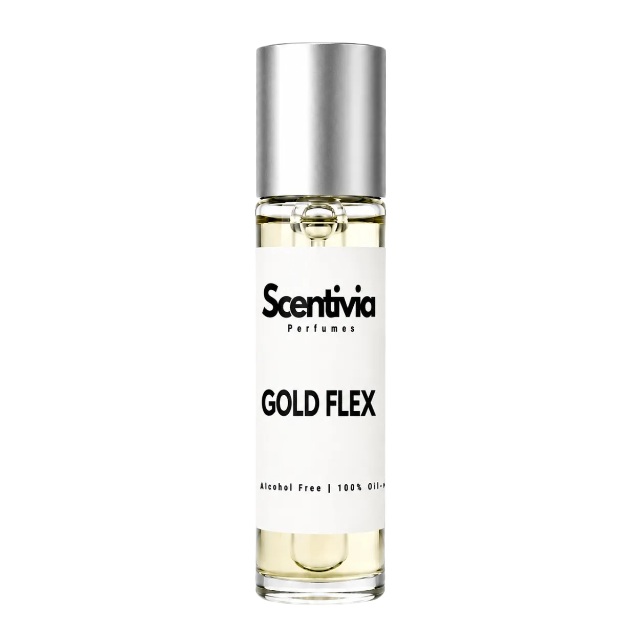 Scentiva Gold Flex 10ML roll-on perfume bottle with silver cap and clear golden oil