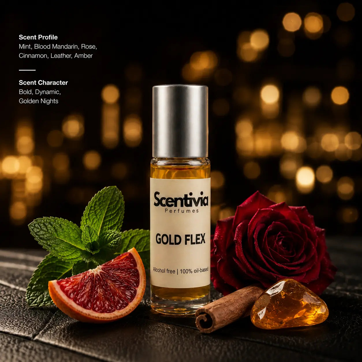 Gold Flex roll on bottle with mint leaves, blood orange slice, red rose, cinnamon stick and amber crystal on dark bokeh background