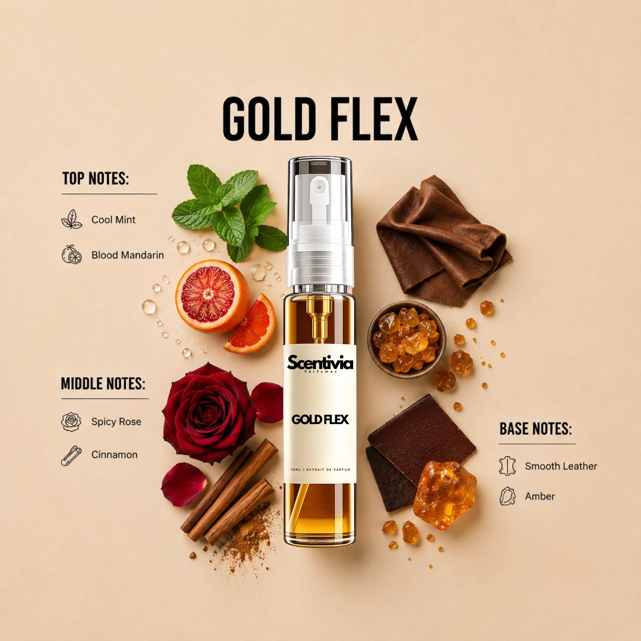 Gold Flex 10ML perfume bottle by Scentivia Perfumes with mint, blood mandarin, rose, cinnamon, smooth leather and amber