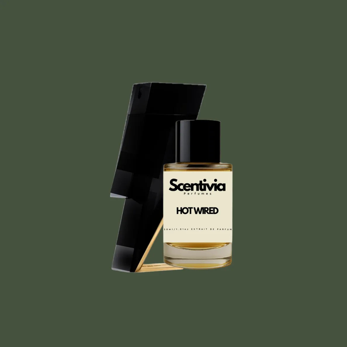 Scentivia Hot Wired perfume bottle paired with a black lightning bolt shaped bottle on a solid dark olive green background.