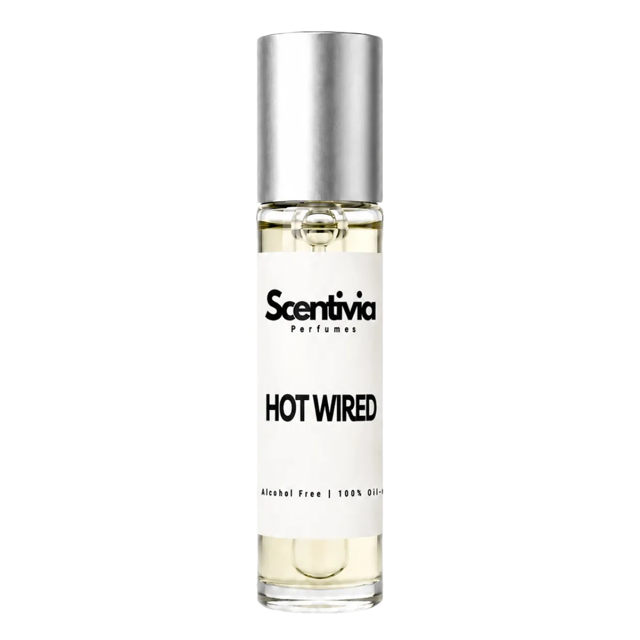 Roll-on perfume bottle, silver cap, clear liquid, Scentiva Hotwired label