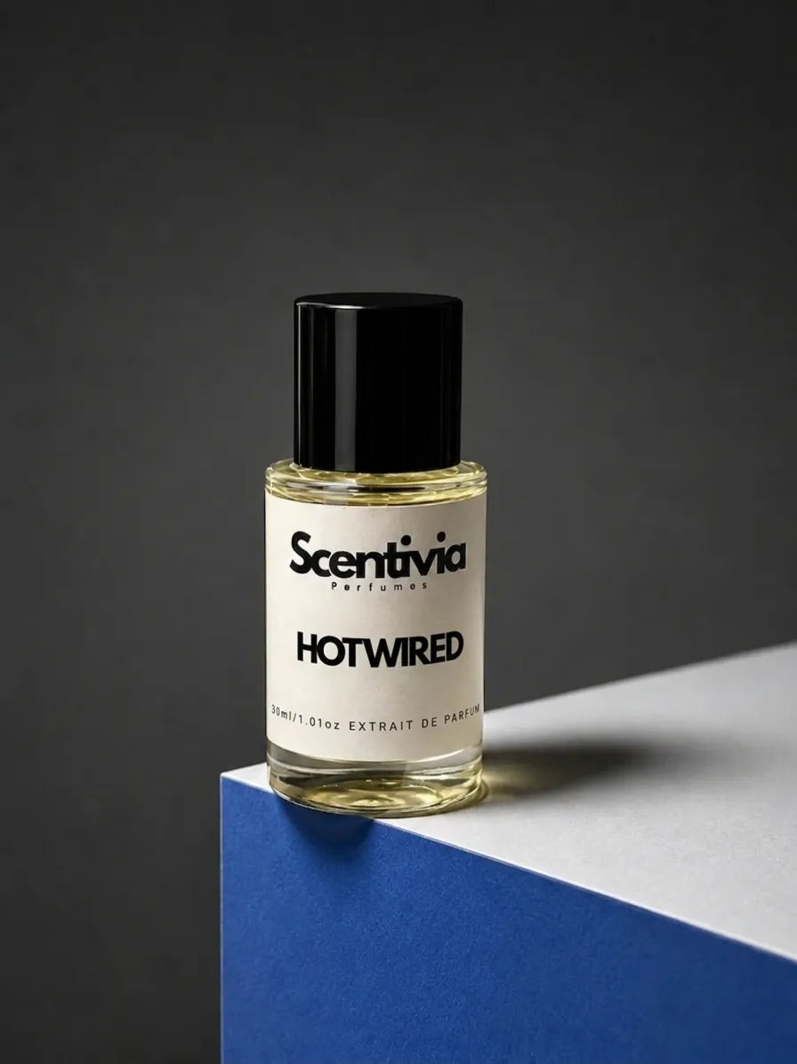 Hot Wired perfume oil bottle with black cap, Scentivia label.