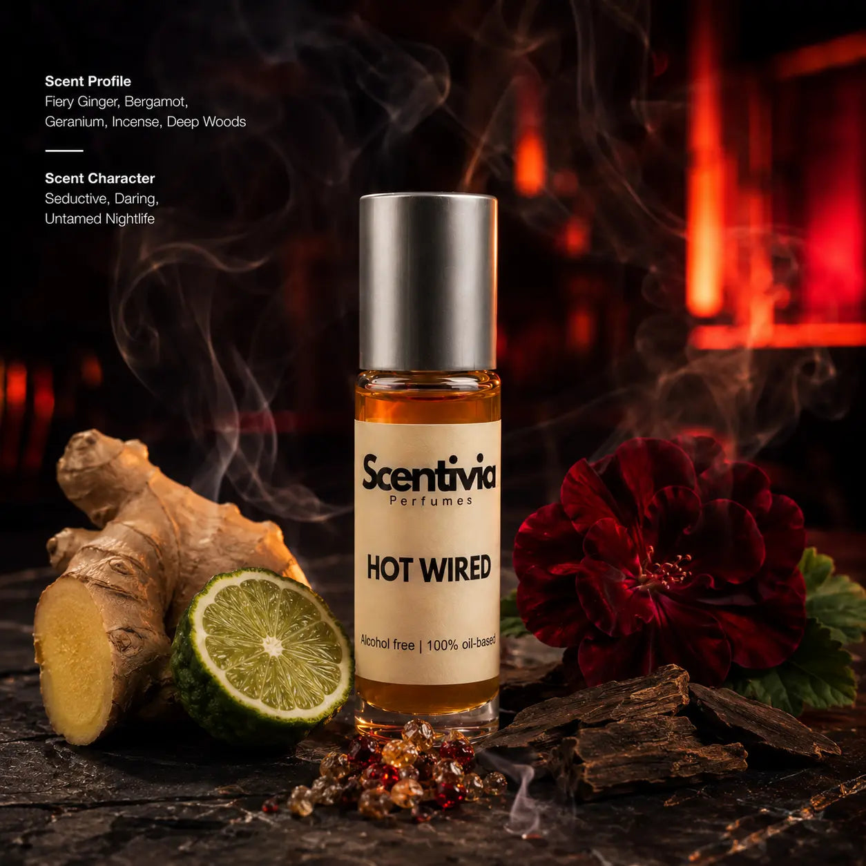 Hot Wired Roll On bottle with Ginger, Bergamot, Geranium and Oud featuring a daring smoky nightlife scent profile