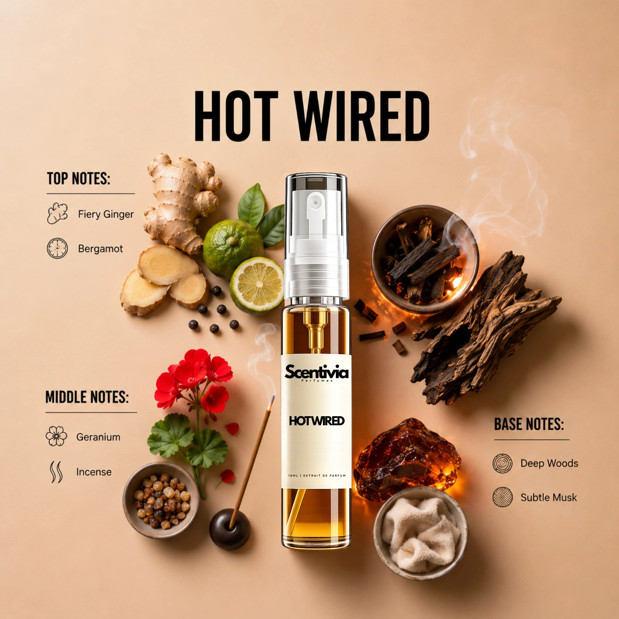 Hot Wired by Scentivia Perfumes with ginger, bergamot, geranium, incense, deep woods and subtle musk notes