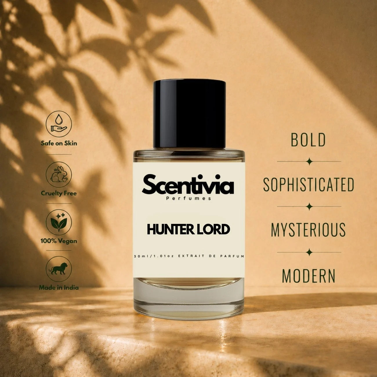 Scentivia Hunter Lord perfume bottle displayed on a stone ledge, featuring descriptive labels like Bold, Sophisticated, Mysterious, and Modern.