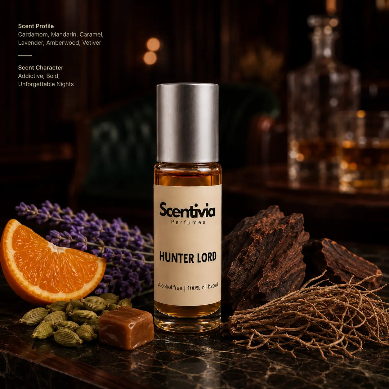 Hunter Lord Roll On bottle with Mandarin, Cardamom, Lavender and Vetiver featuring a bold addictive scent profile